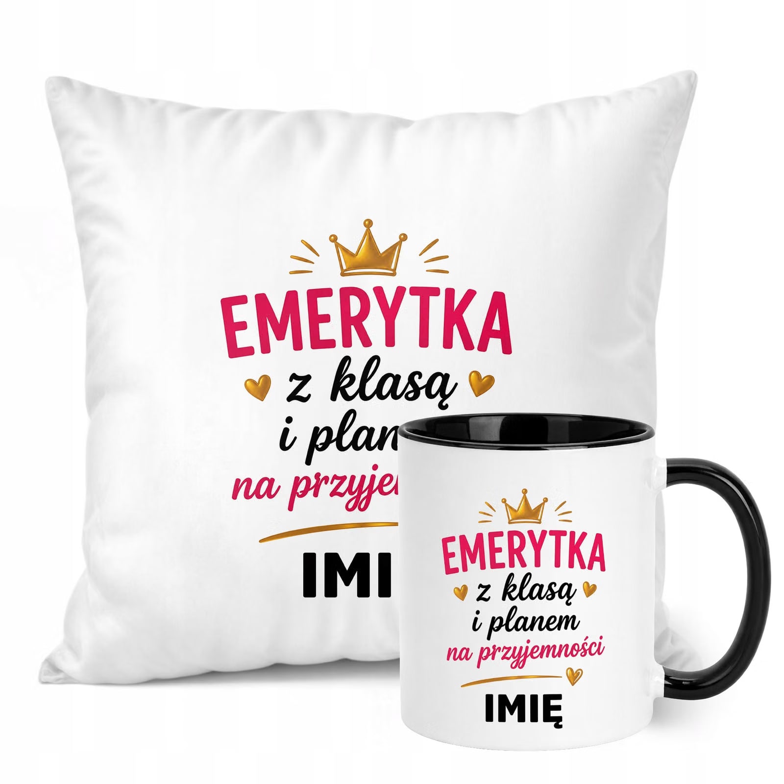 Zestaw Personalizowany Kubek Czarny Poduszka Emerytura Upominek Prezent