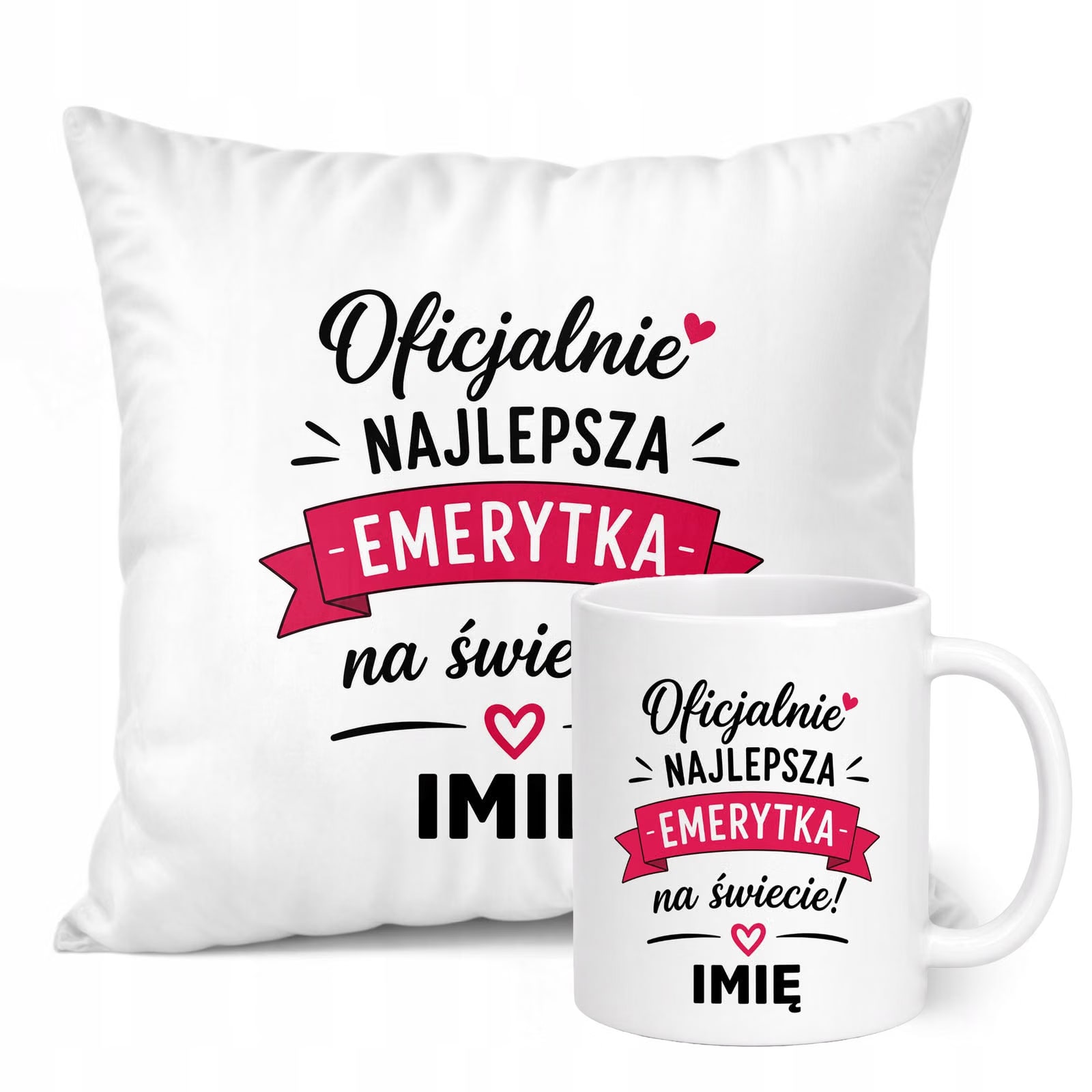 Zestaw Personalizowany Kubek Biały Poduszka Emerytura Dla Emerytki Prezent