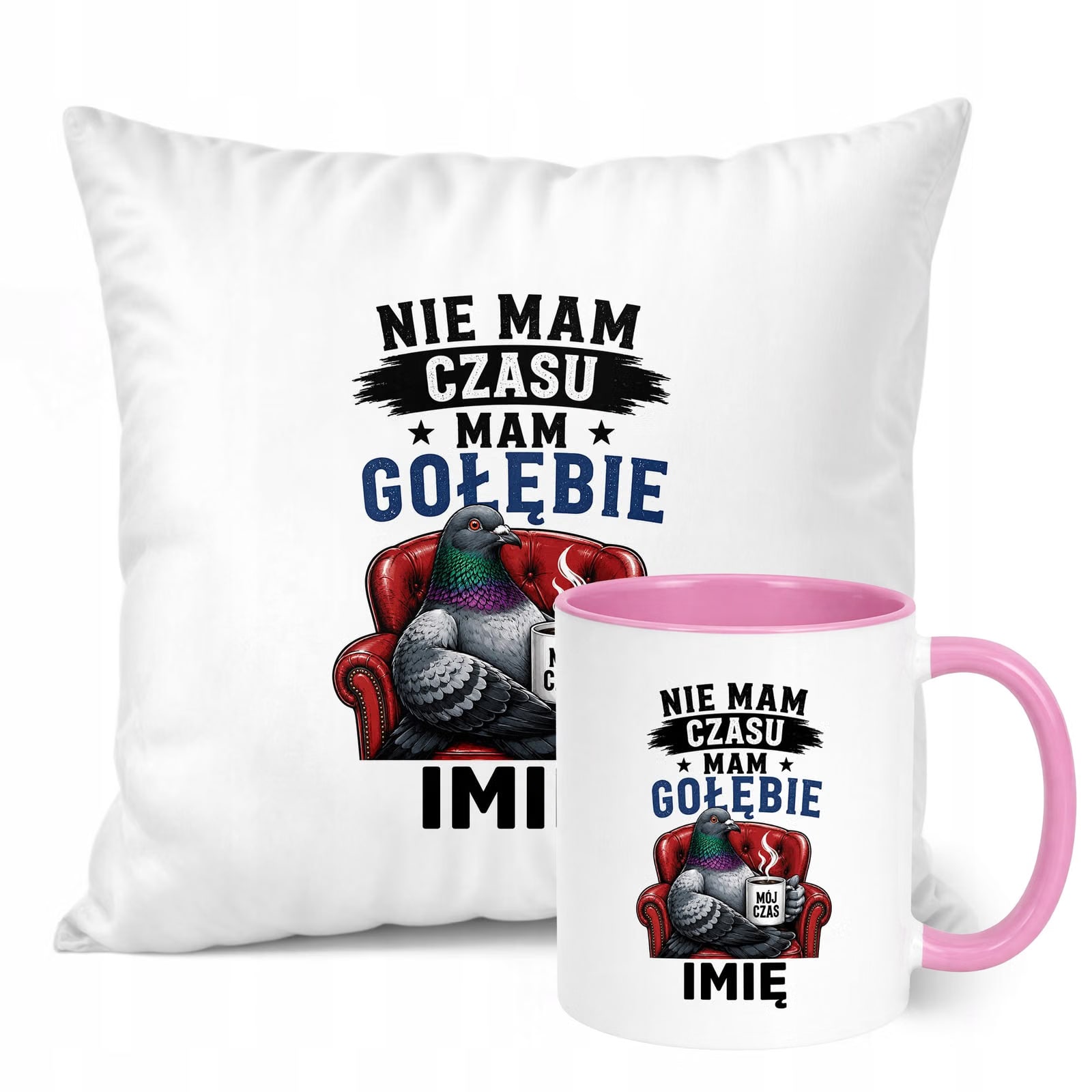 Zestaw Personalizowany Kubek Różowy Poduszka Z Nadrukiem Dla Gołębiarza