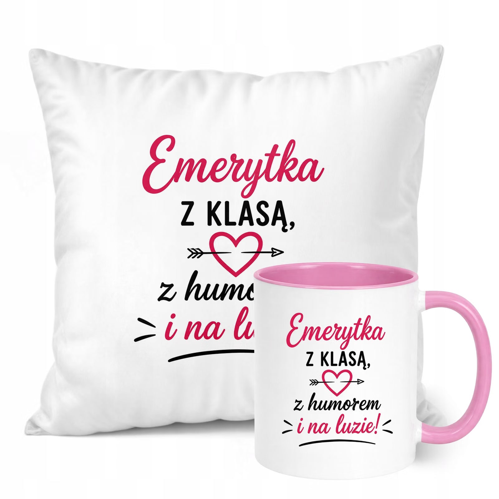 Zestaw Kubek Różowy Poduszka Z Nadrukiem Emerytura Dla Emerytki Prezent