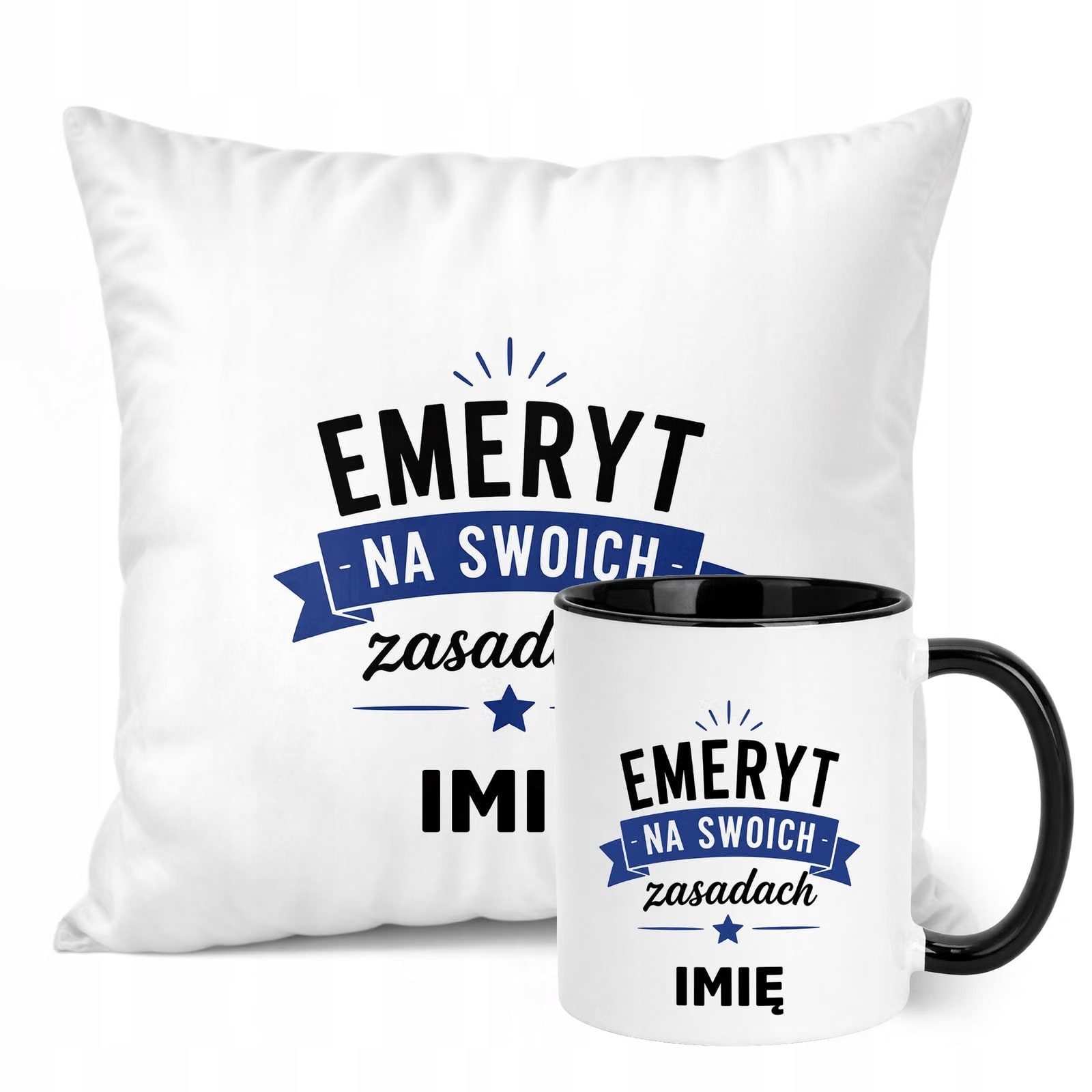 Zestaw Personalizowany Kubek Czarny Poduszka Emerytura Upominek Prezent