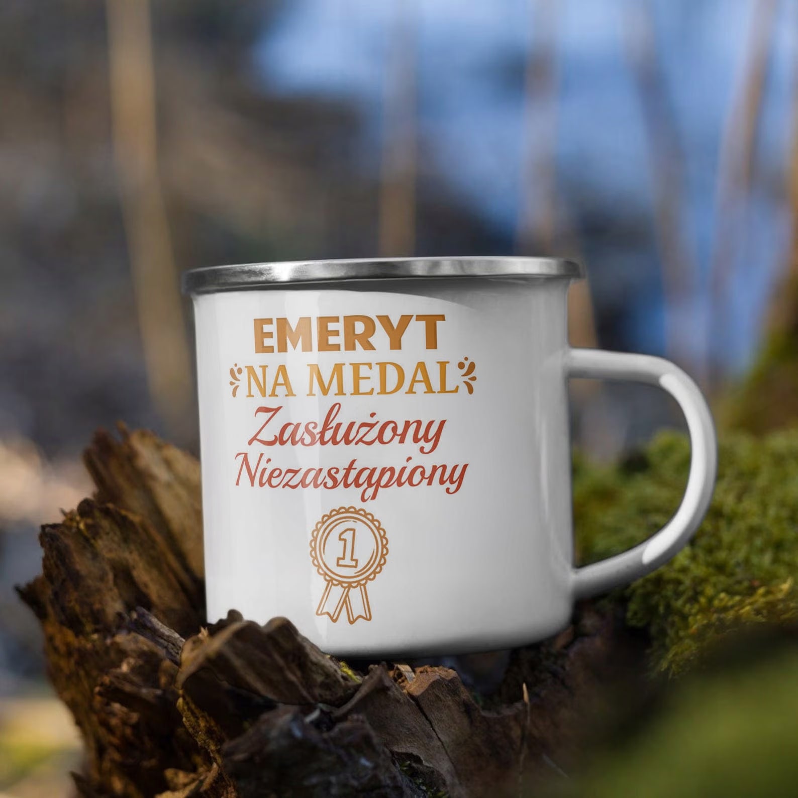 Kubek Emaliowany z okazji Emerytury Dla Emeryta z Nadrukiem Biały Metalowy