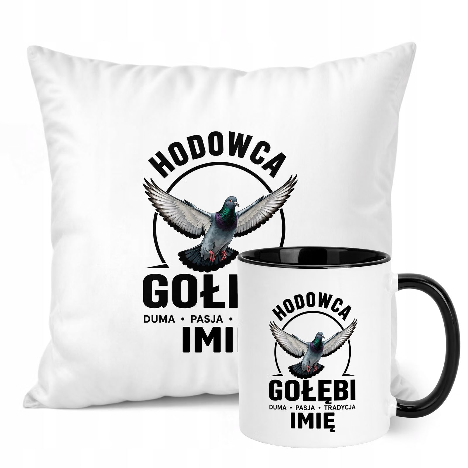 Zestaw Personalizowany Kubek Czarny Poduszka Z Nadrukiem Dla Gołębiarza