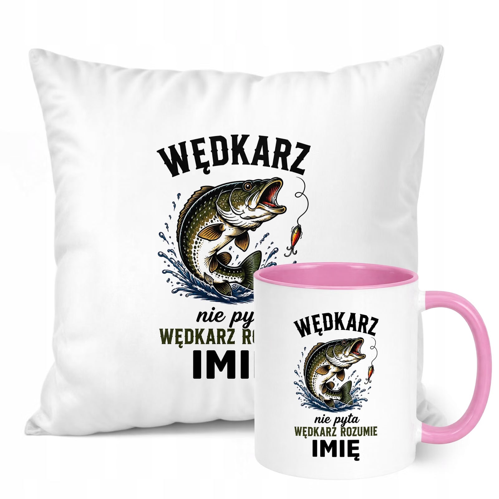 Zestaw Personalizowany Kubek Różowy Poduszka Z Nadrukiem Dla Wędkarza