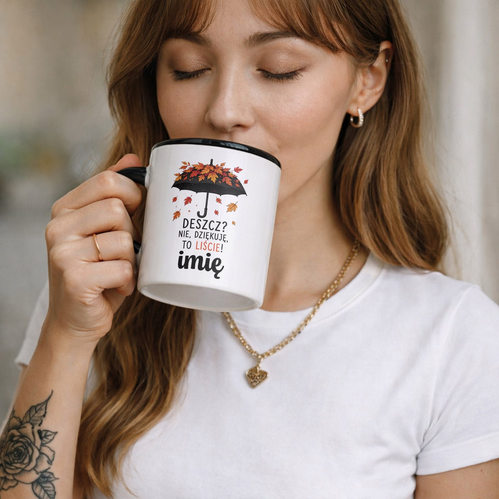 Zestaw Personalizowany Kubek Czarny Poduszka Jesień Jesienny Z Nadrukiem