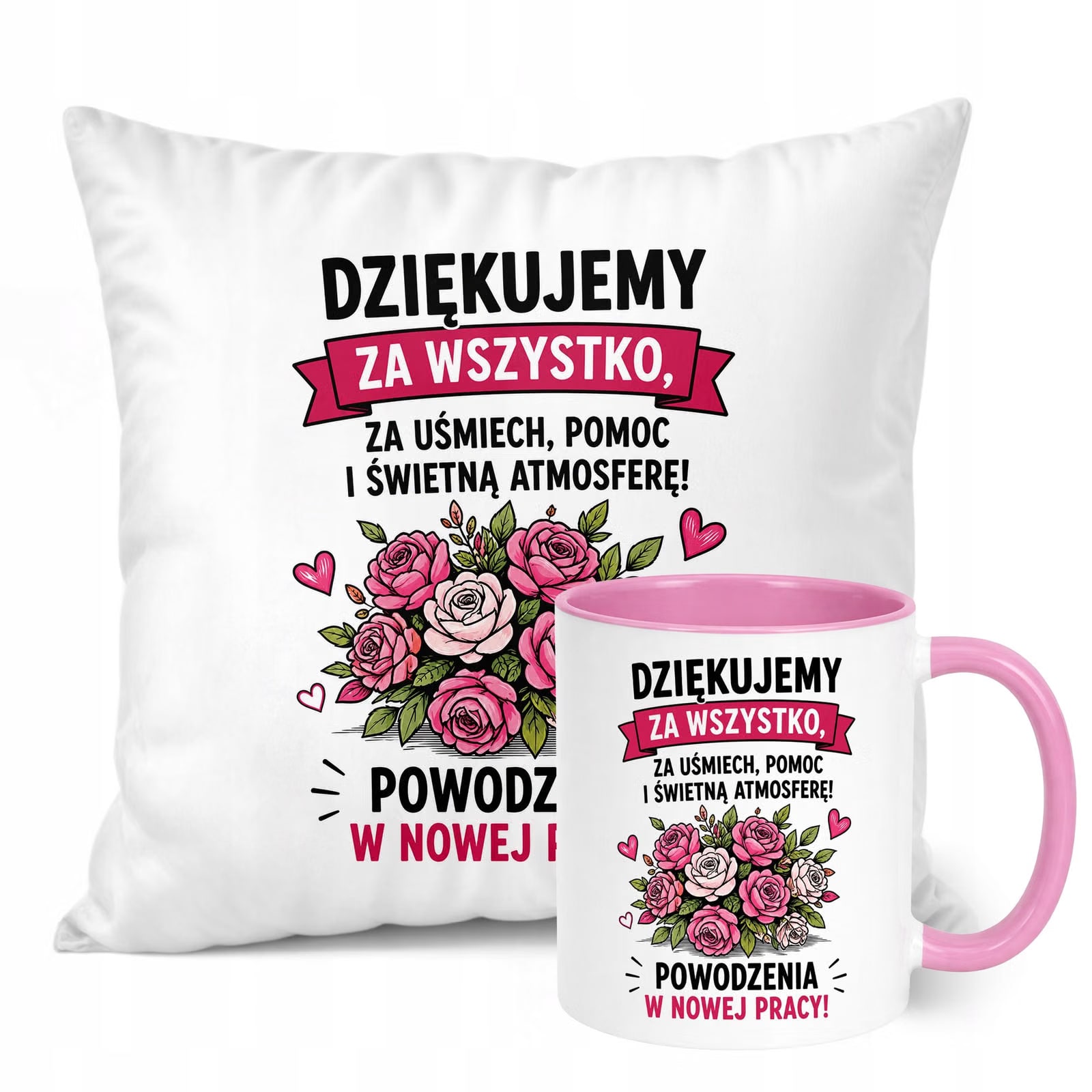 Zestaw Kubek Różowy Poduszka Z Nadrukiem Odejście z Pracy Prezent