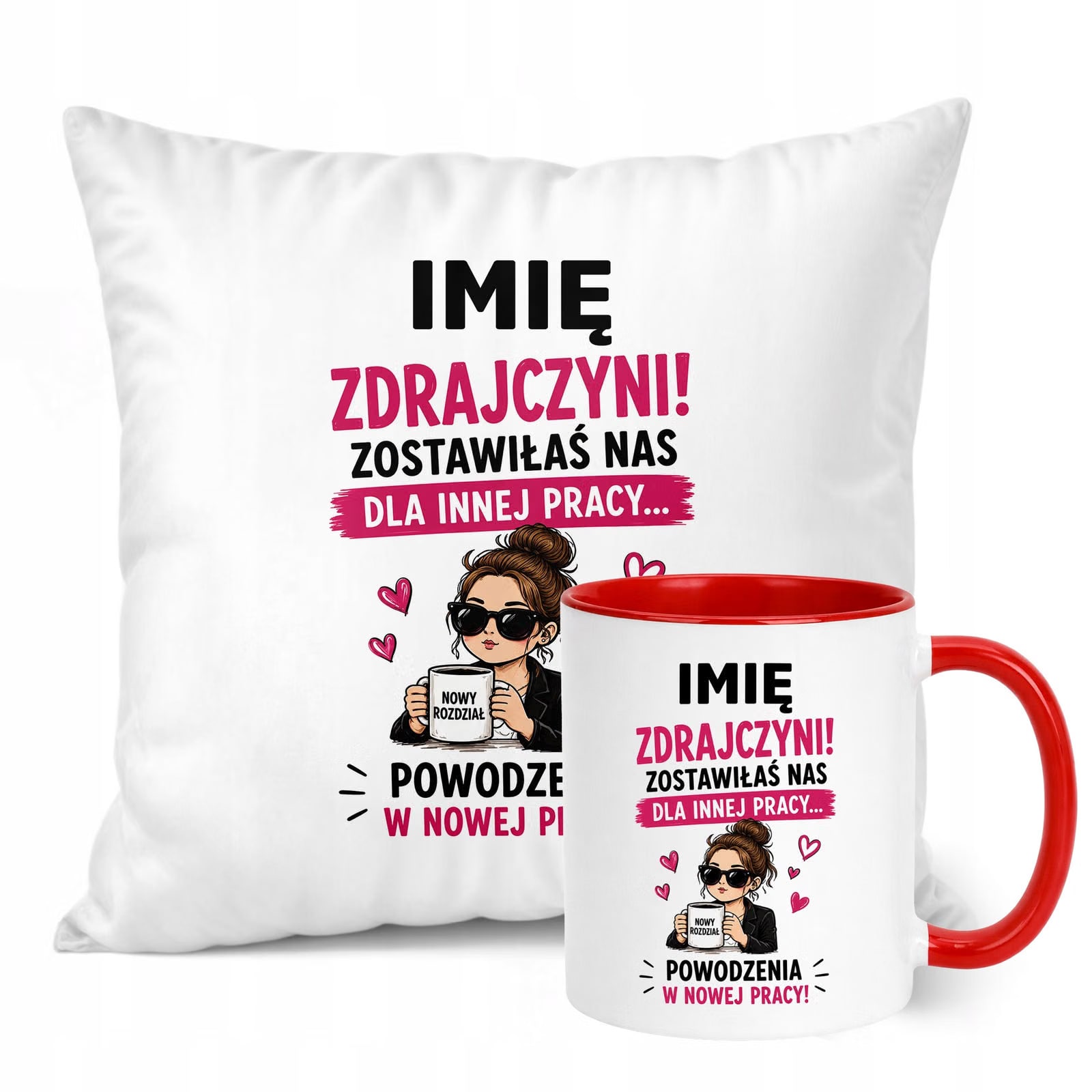 Zestaw Personalizowany Kubek Czerwony Poduszka Odejście z Pracy Prezent