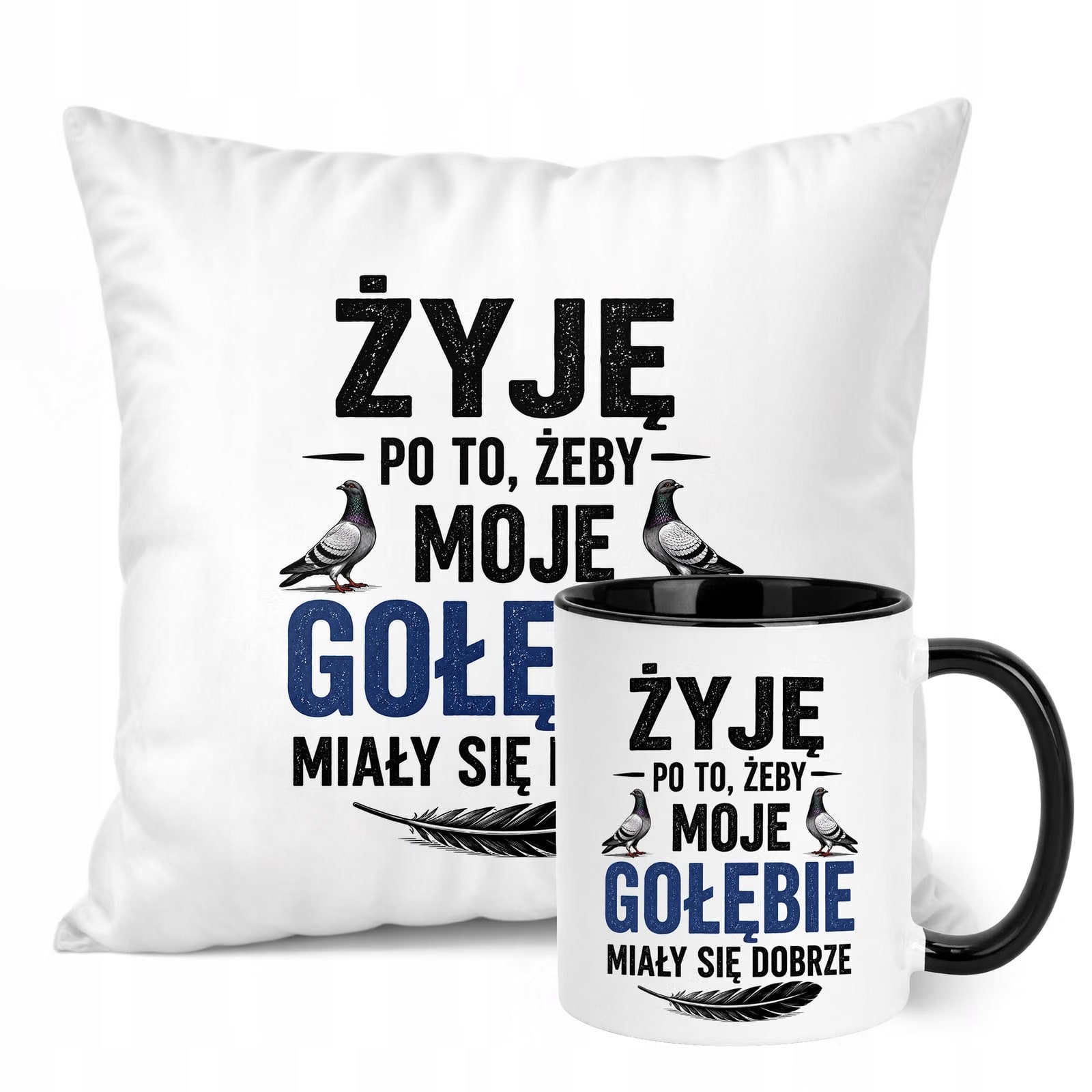 Zestaw Kubek Czarny Poduszka Z Nadrukiem Dla Gołębiarza Prezent
