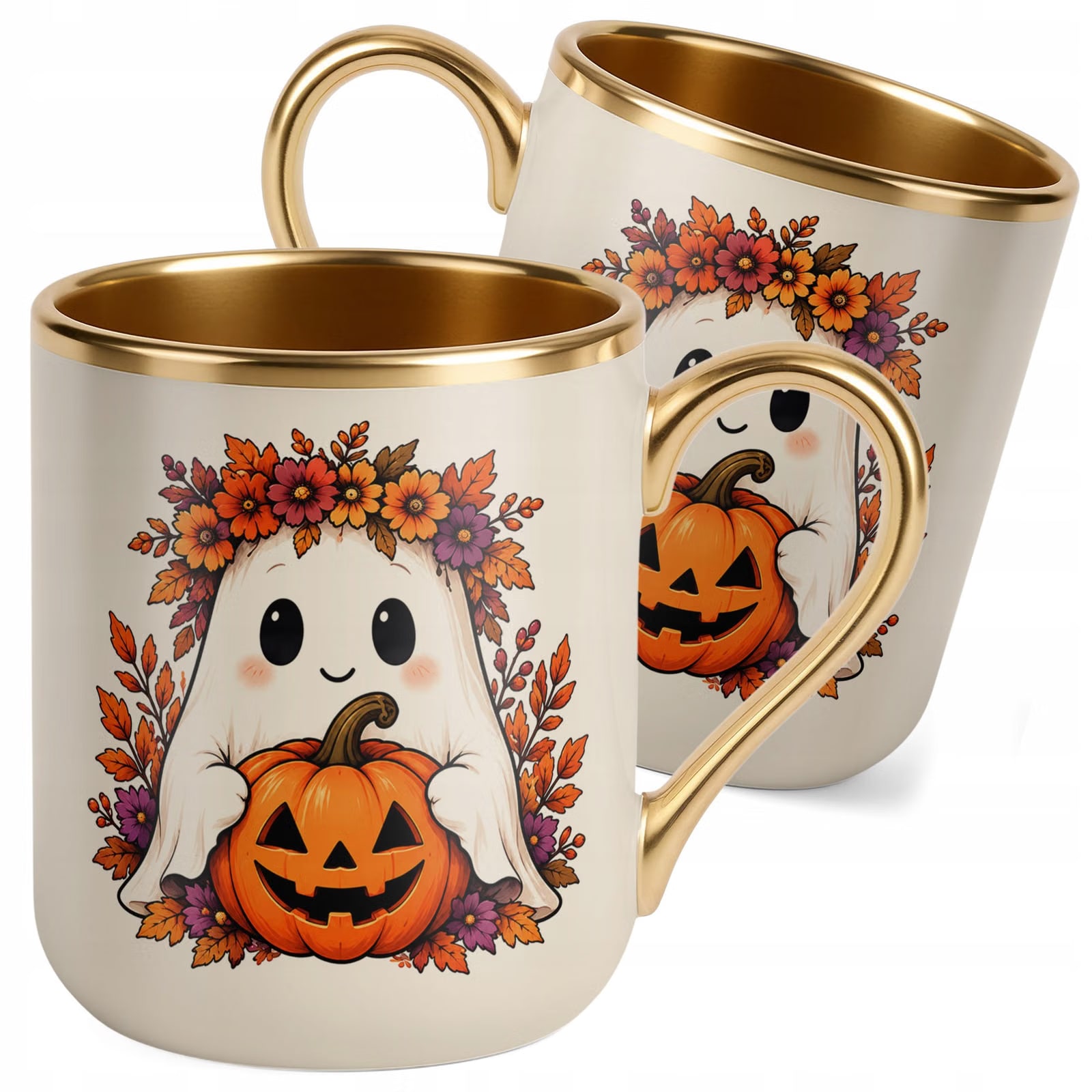 Kubek Premium Złoty Ecru z Nadrukiem Halloween Jesień Prezent
