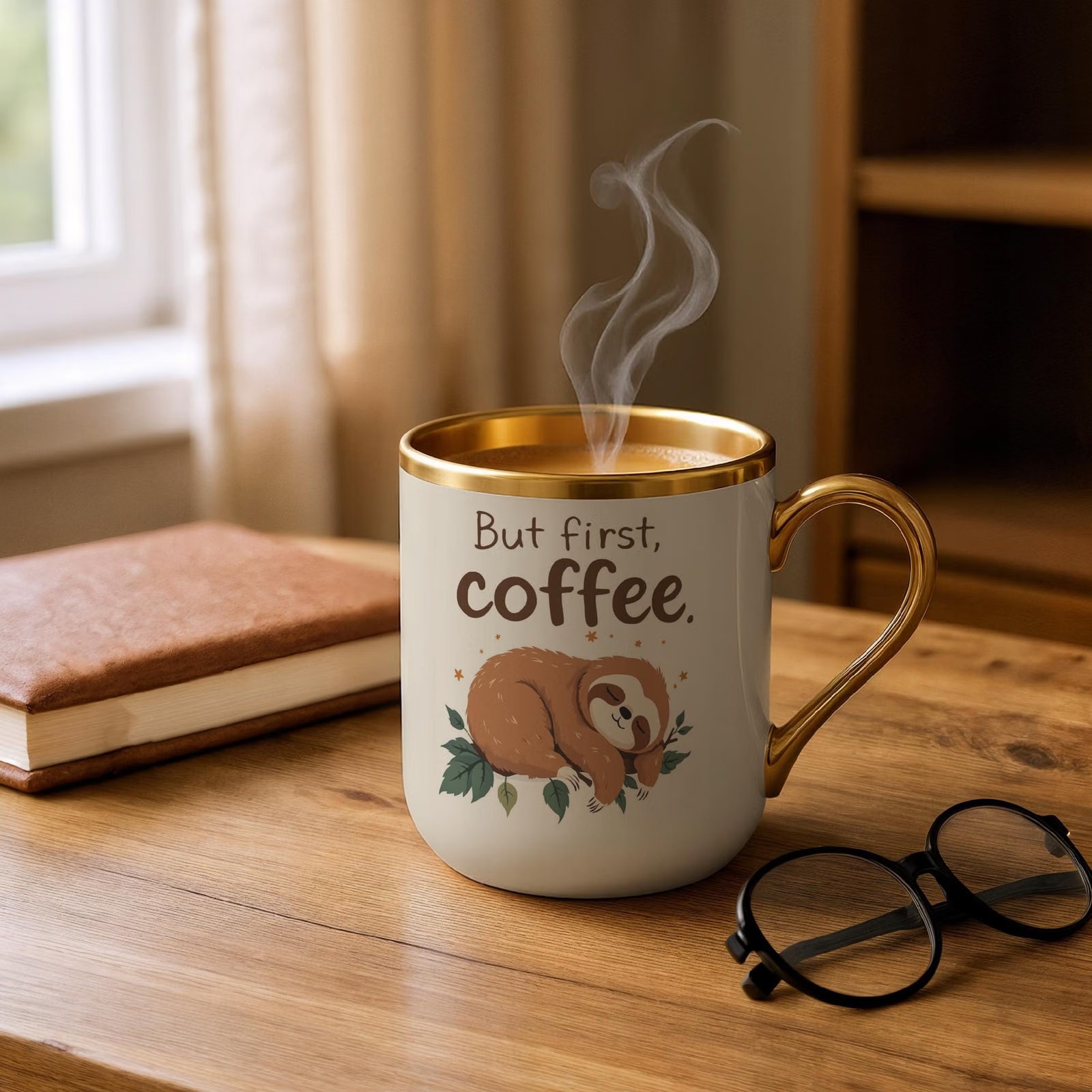 Kubek Premium Złoty Ecru But First Coffee Kawa Leniwiec Zabawny Prezent