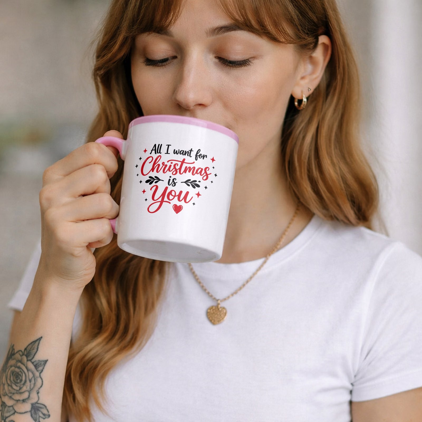 Kubek Różowy z Nadrukiem Boże Narodzenie All I Want For Christmas Prezent