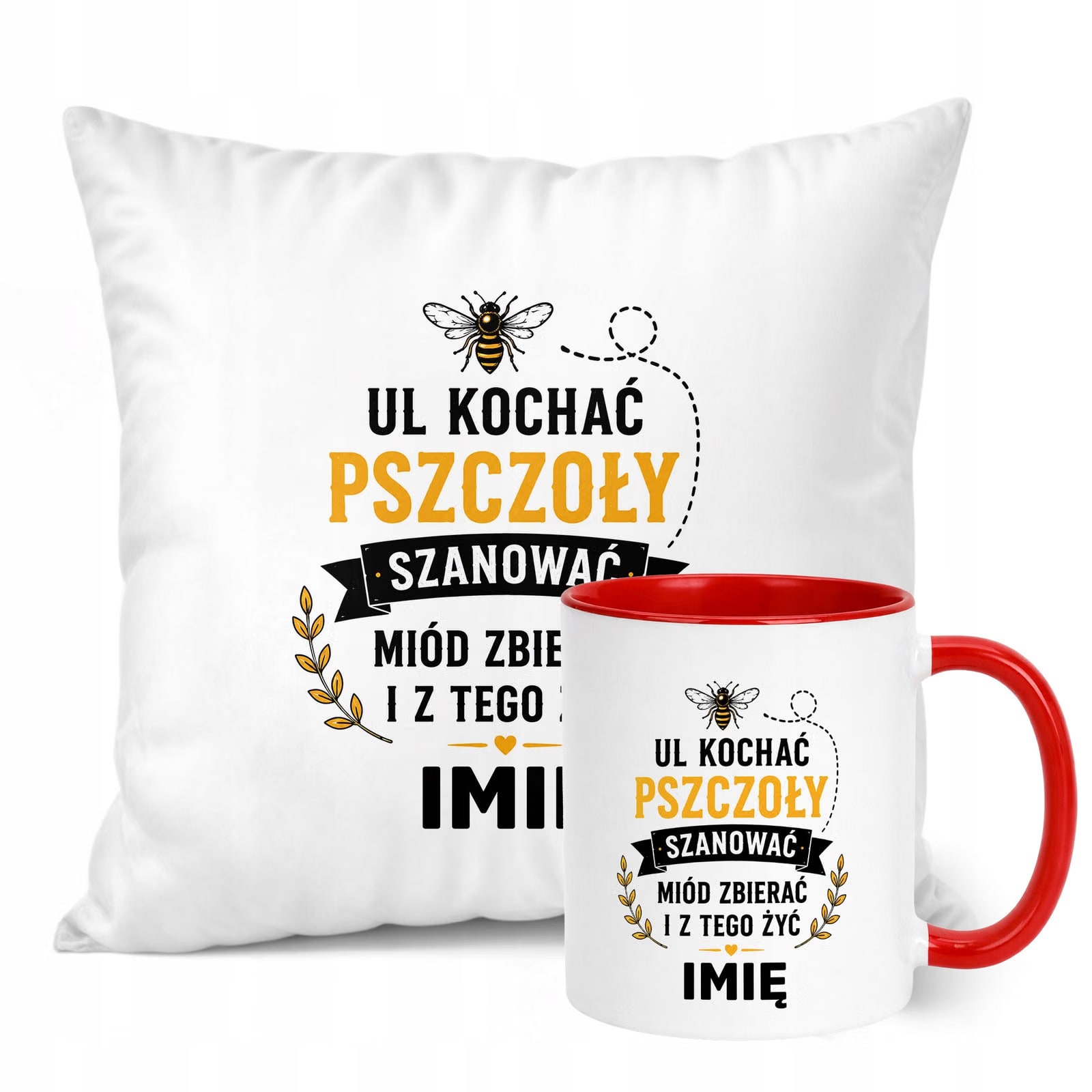 Zestaw Personalizowany Kubek Czerwony Poduszka Z Nadrukiem Dla Pszczelarza