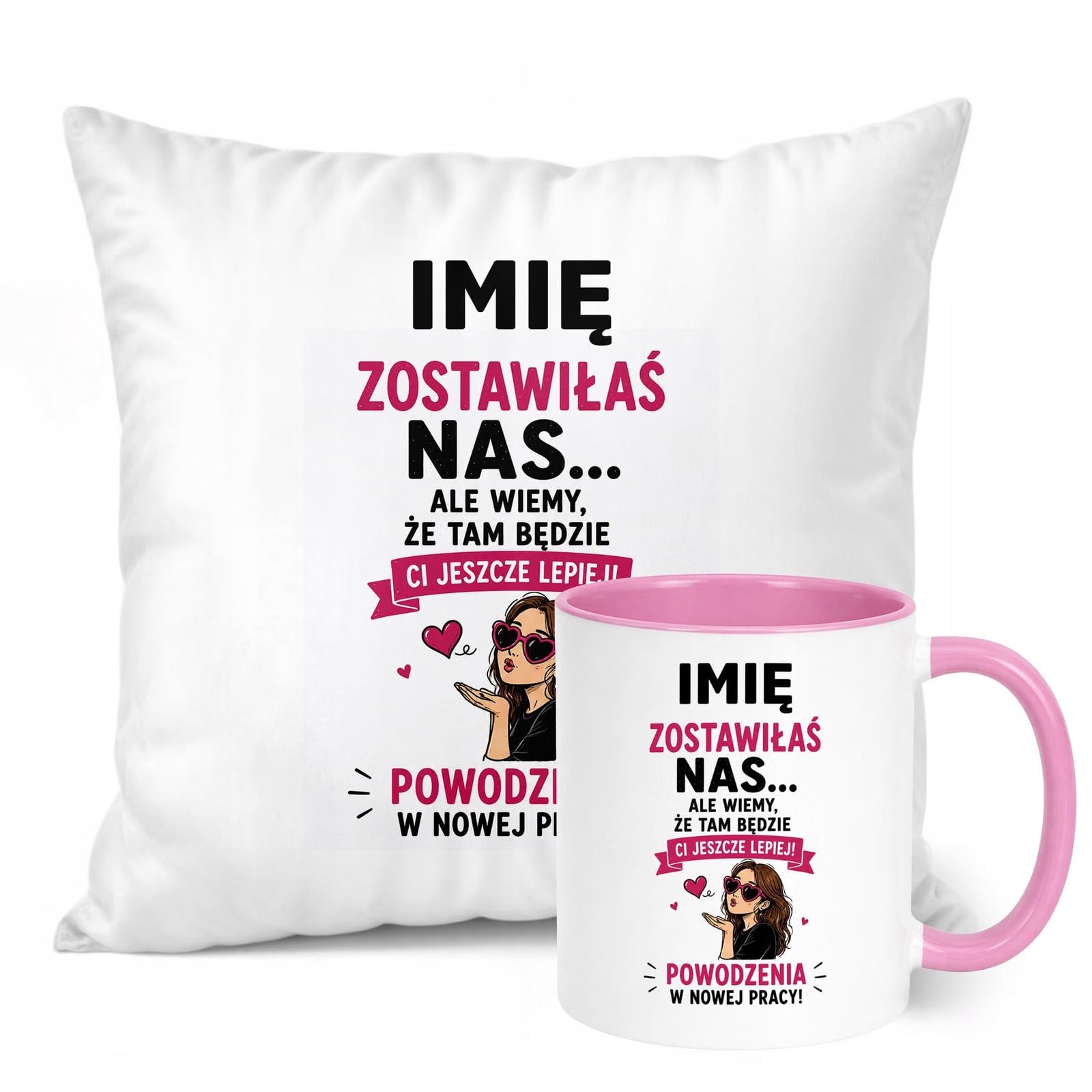 Zestaw Personalizowany Kubek Różowy Poduszka Odejście z Pracy Prezent