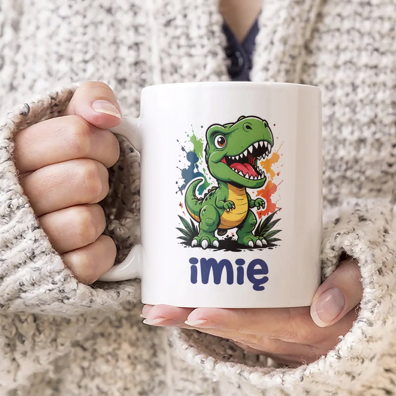 Biały Kubek z nadrukiem personalizowany Dinozaur Dla Dzieci Prezent