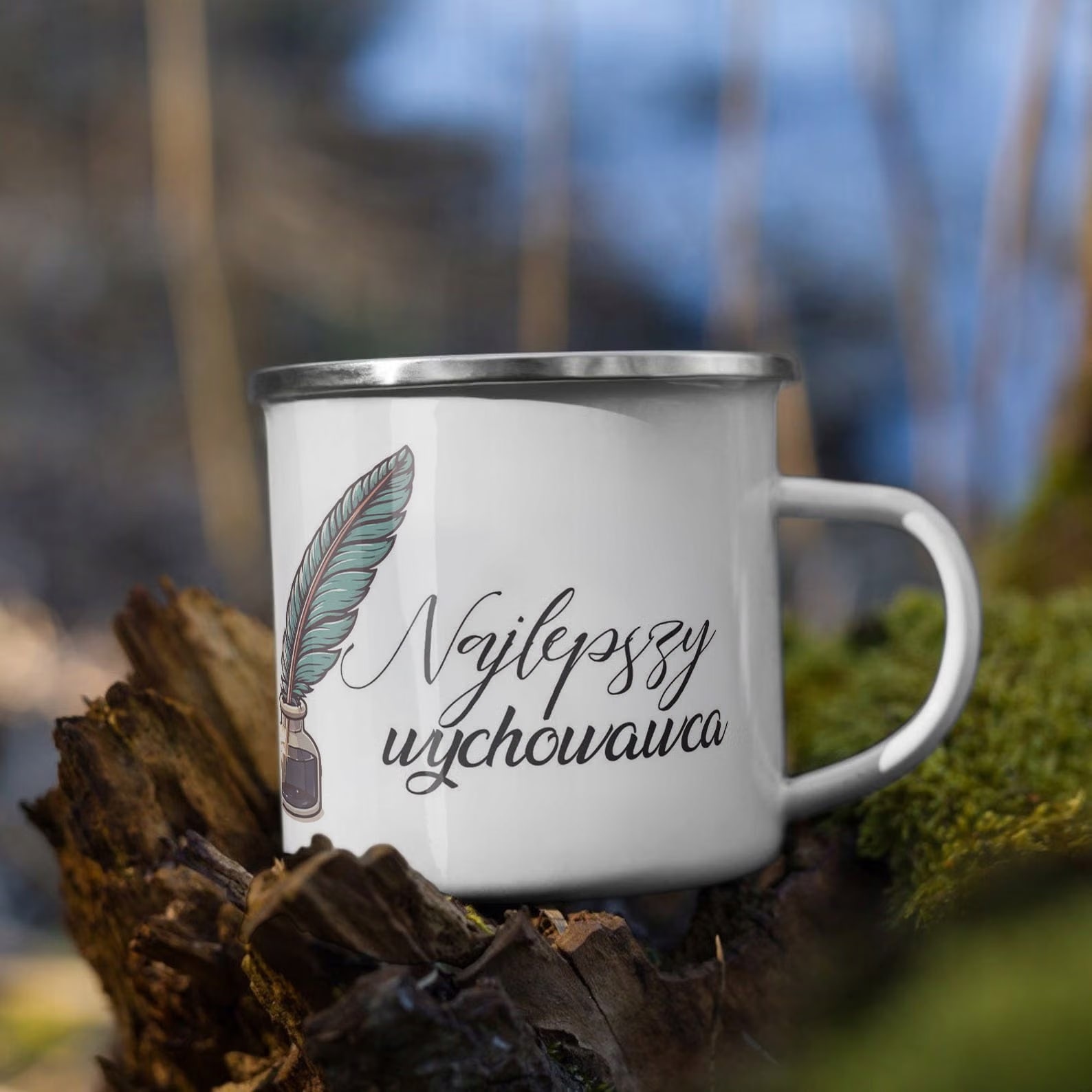 Kubek Emaliowany Najlepszy Wychowaca Dzień z Nadrukiem Biały Metalowy