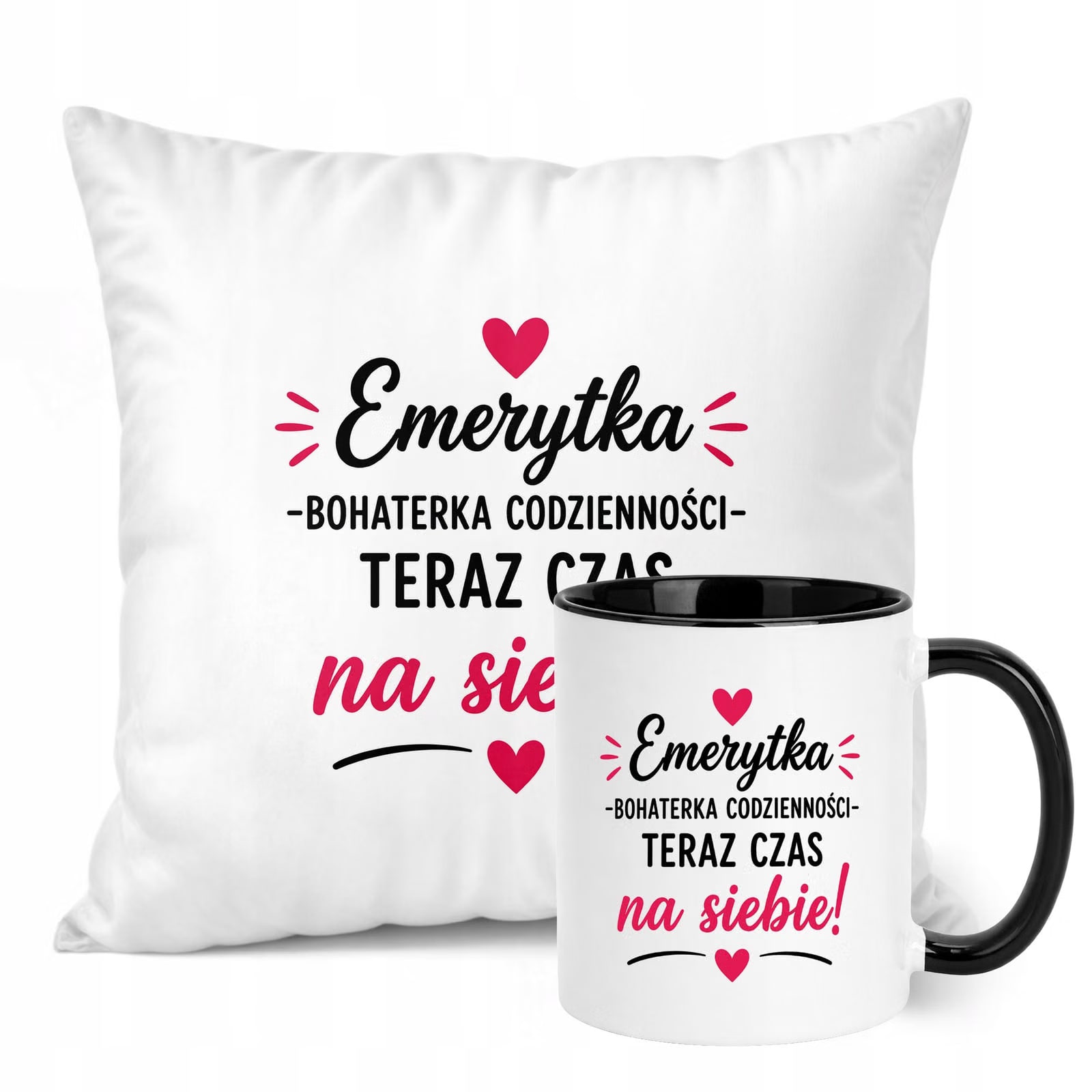 Zestaw Kubek Czarny Poduszka Z Nadrukiem Emerytura Dla Emerytki Prezent