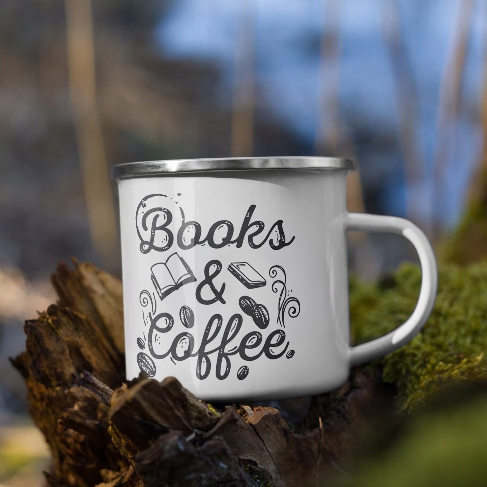 Kubek Emaliowany Coffee And Books Dla Fanów z Nadrukiem Biały Metalowy
