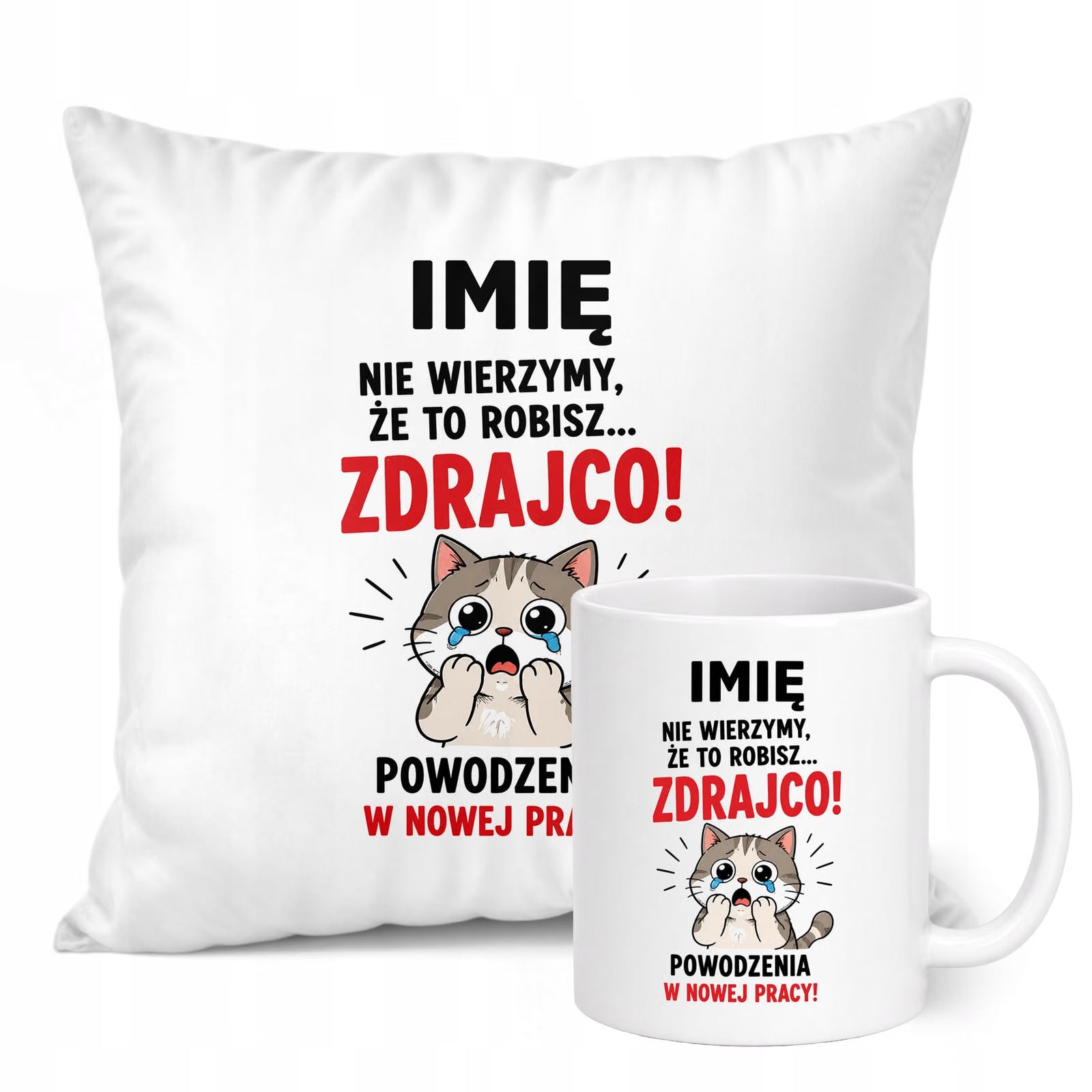 Zestaw Personalizowany Kubek Biały Poduszka Odejście z Pracy Prezent