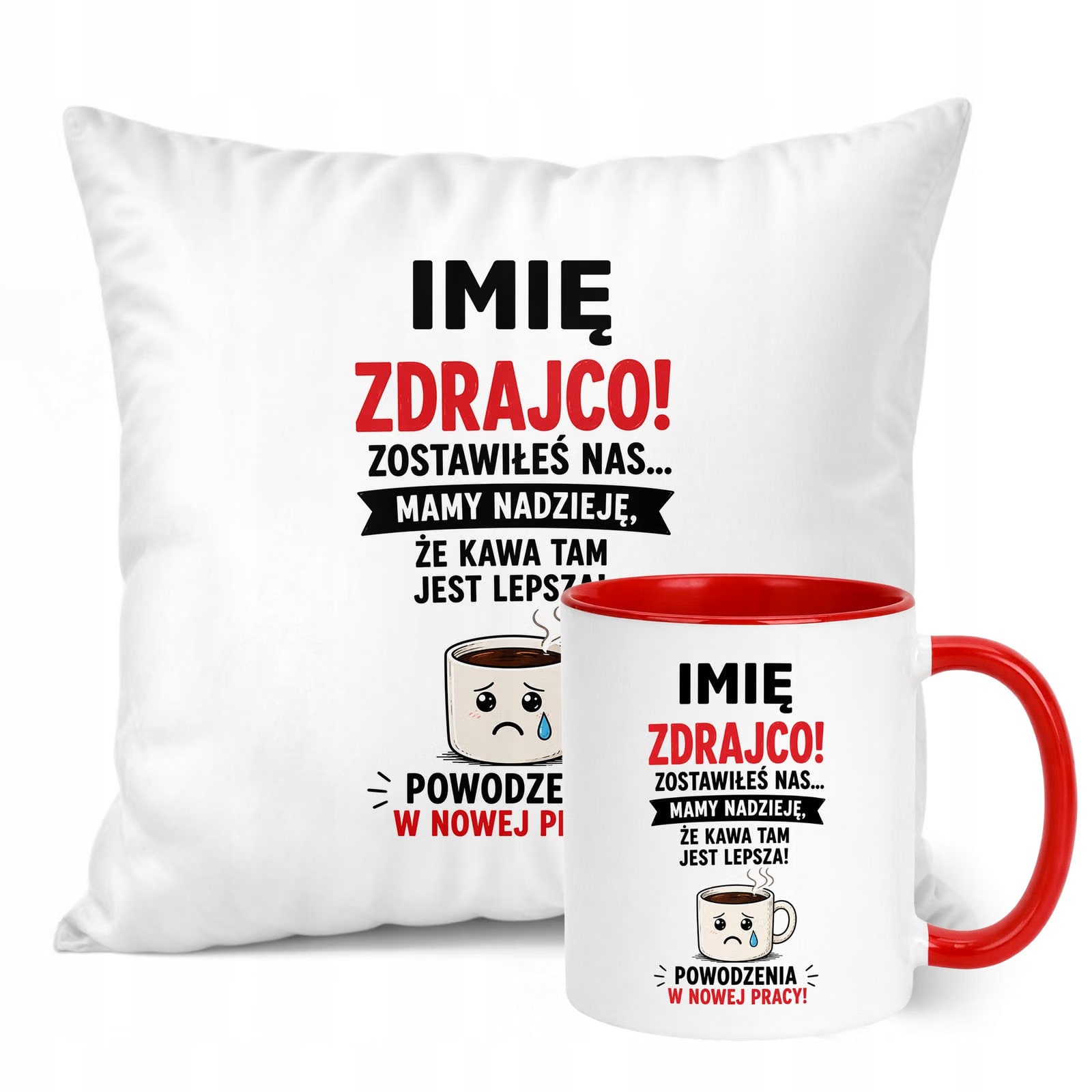 Zestaw Personalizowany Kubek Czerwony Poduszka Odejście z Pracy Prezent