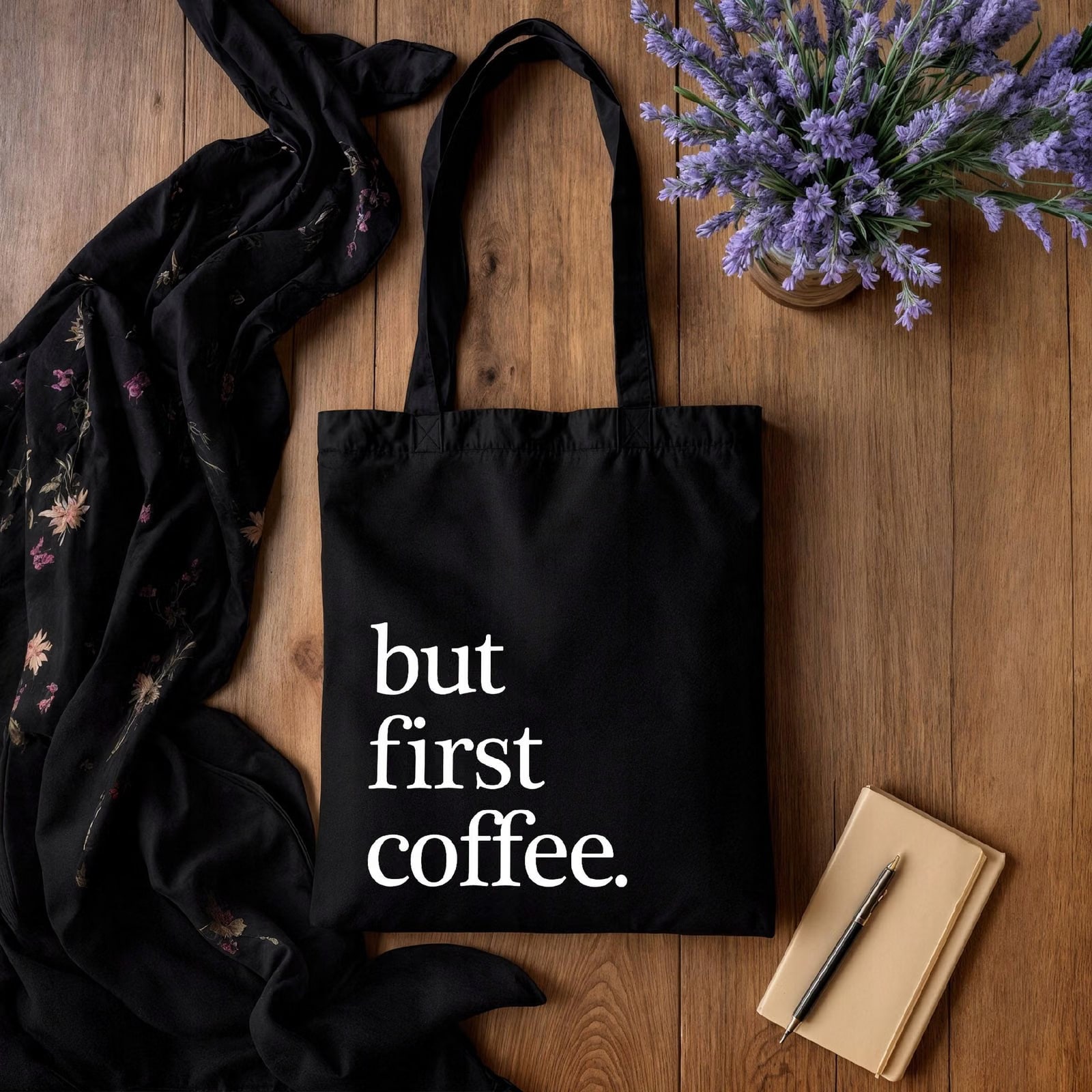 Torba bawełniana czarna na zakupy But First Coffee