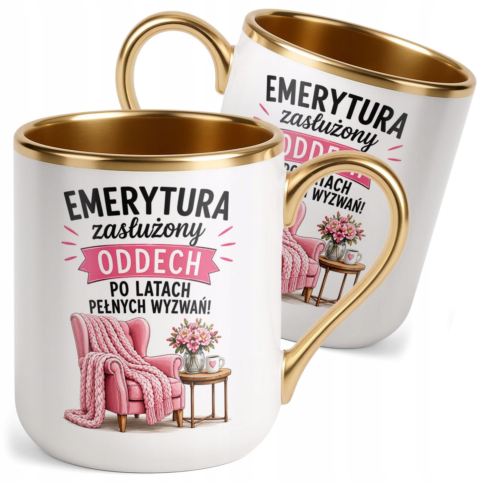 Kubek z nadrukiem Premium Złoty Emerytura Dla Emerytki Upominek Prezent