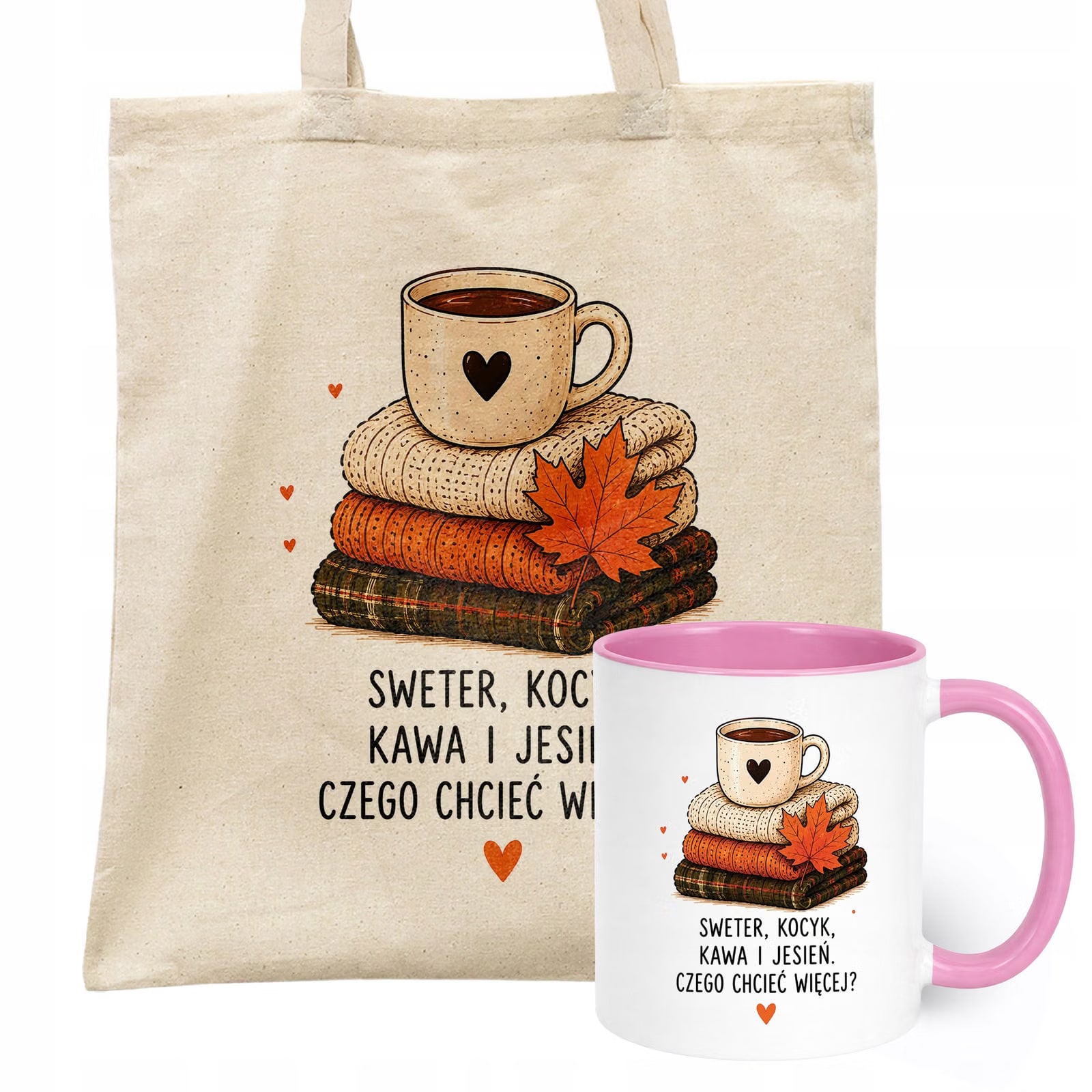 Zestaw Kubek Różowy Torba Shopper Ecru Z Nadrukiem Jesień Jesienny
