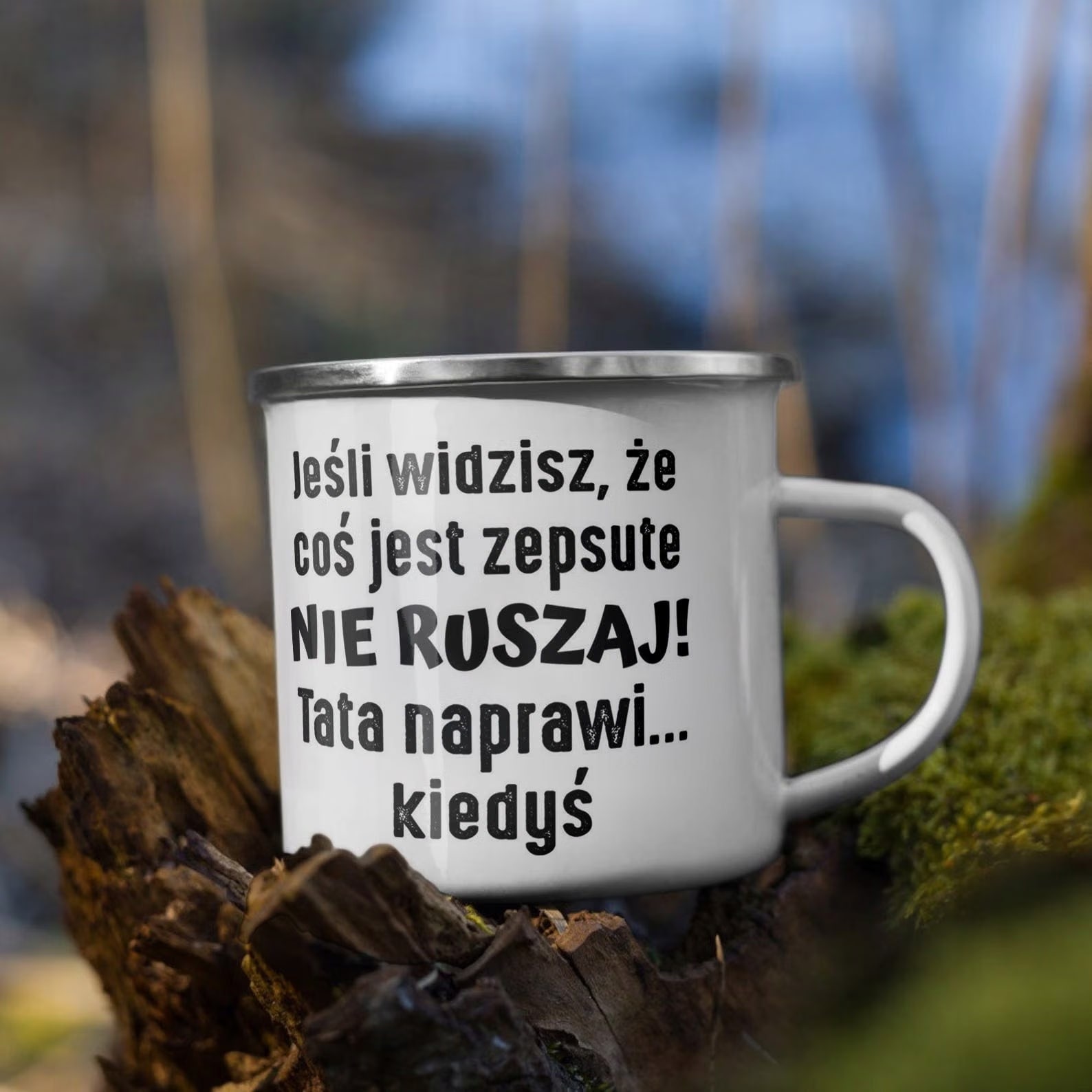 Kubek Emaliowany Dzień Ojca Dla Taty Tata z Nadrukiem Biały Metalowy