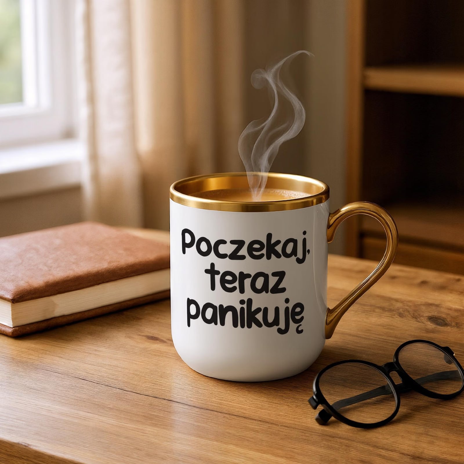 Kubek Premium Złoty Poczekaj Teraz Panikuję Śmieszny Zabawny Prezent