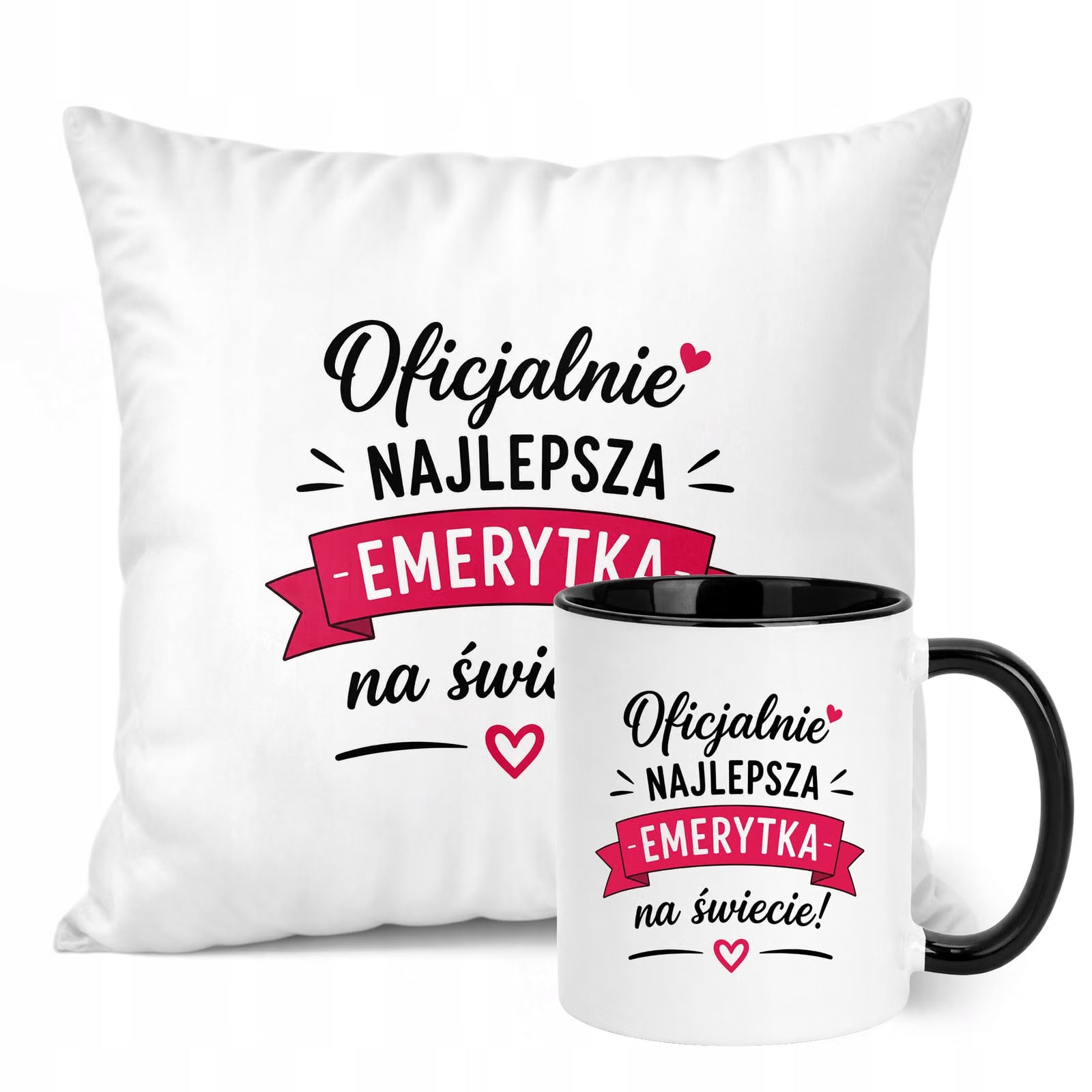 Zestaw Kubek Czarny Poduszka Z Nadrukiem Emerytura Dla Emerytki Prezent