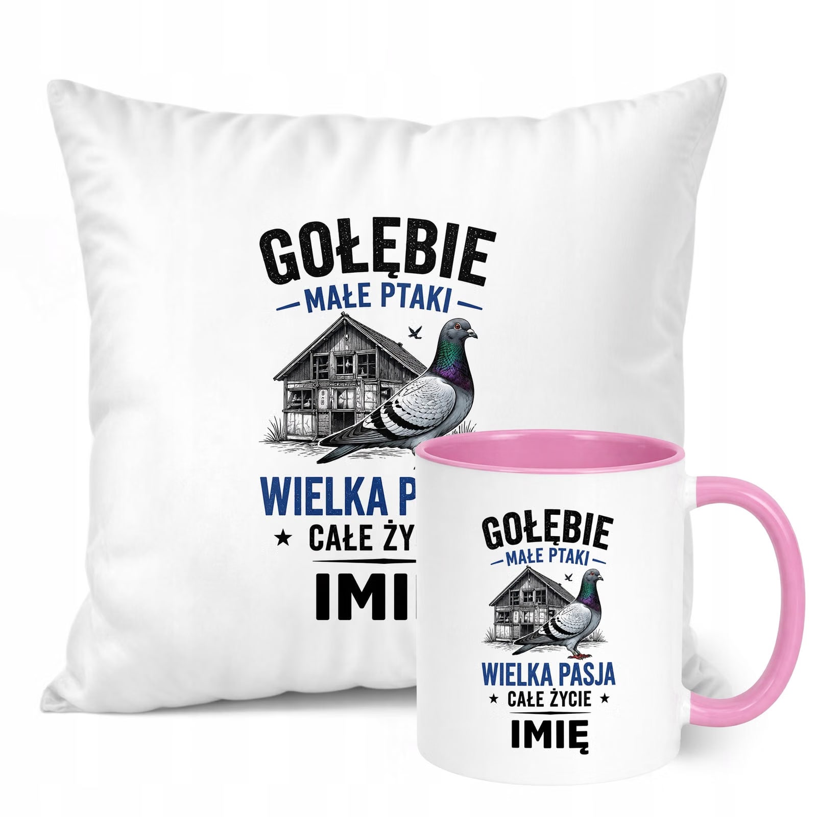 Zestaw Personalizowany Kubek Różowy Poduszka Z Nadrukiem Dla Gołębiarza