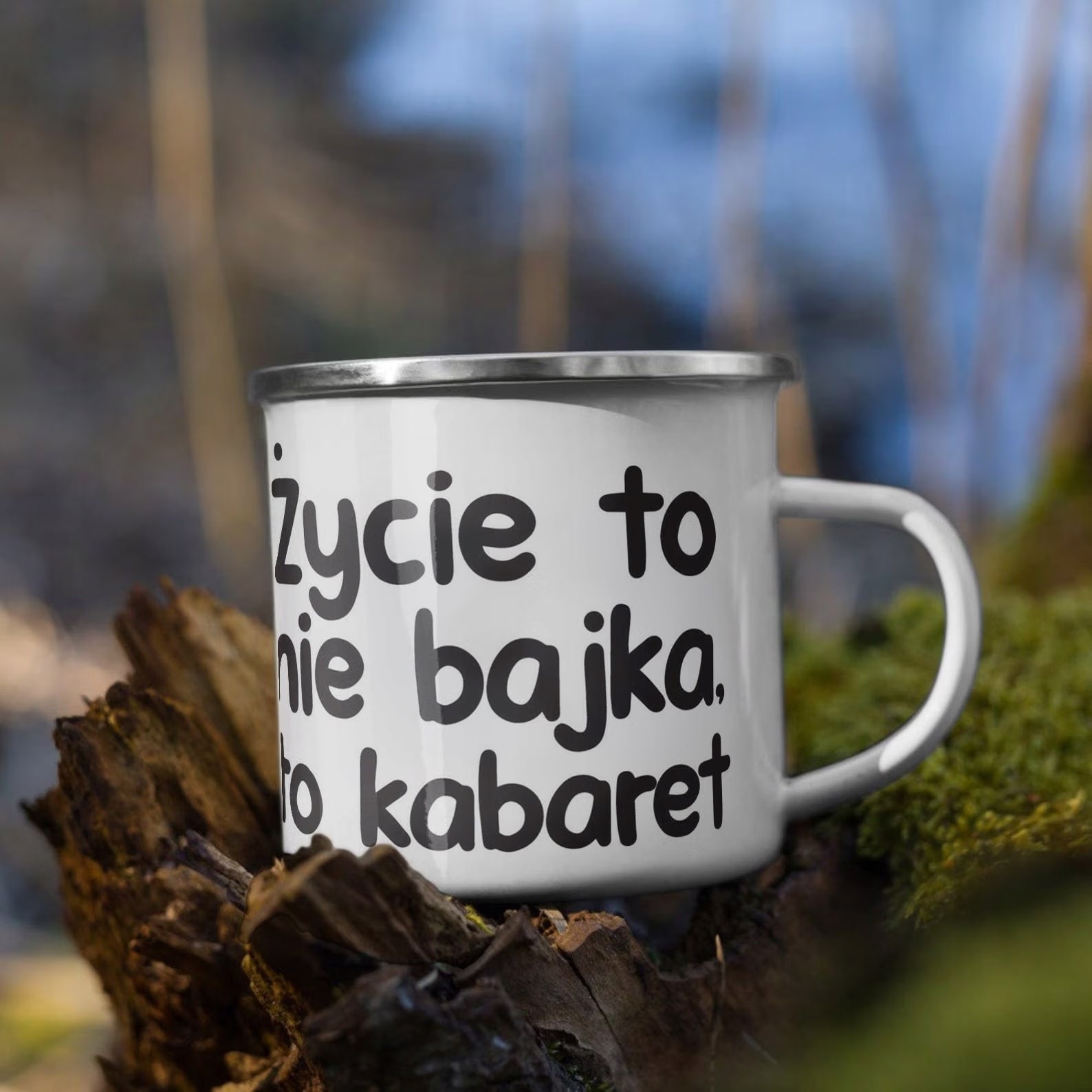 Kubek Emaliowany Życie To Nie Bajka Zabawny z Nadrukiem Biały Metalowy
