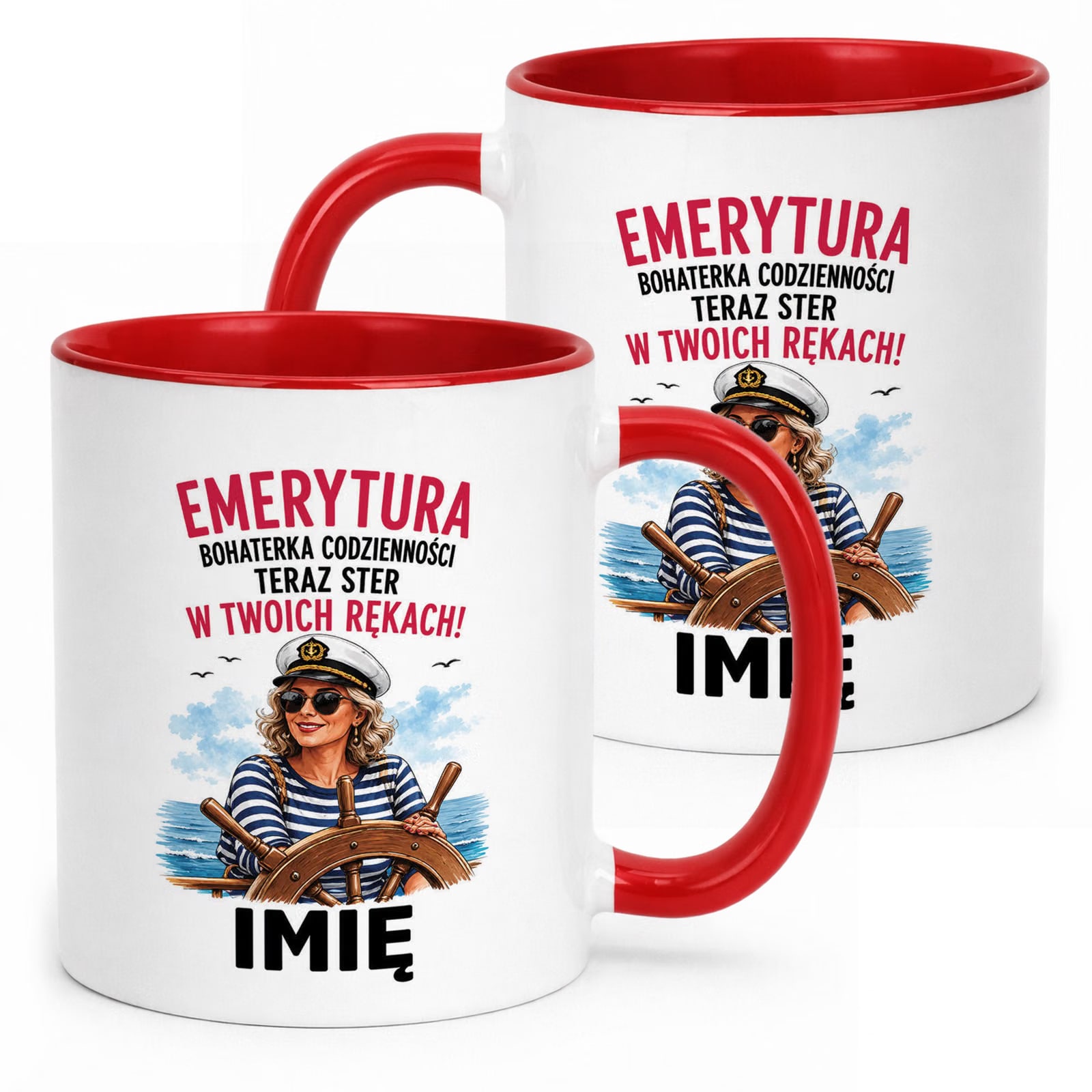 Kubek Czerwony Personalizowany z Nadrukiem Emerytura Dla Emerytki Prezent