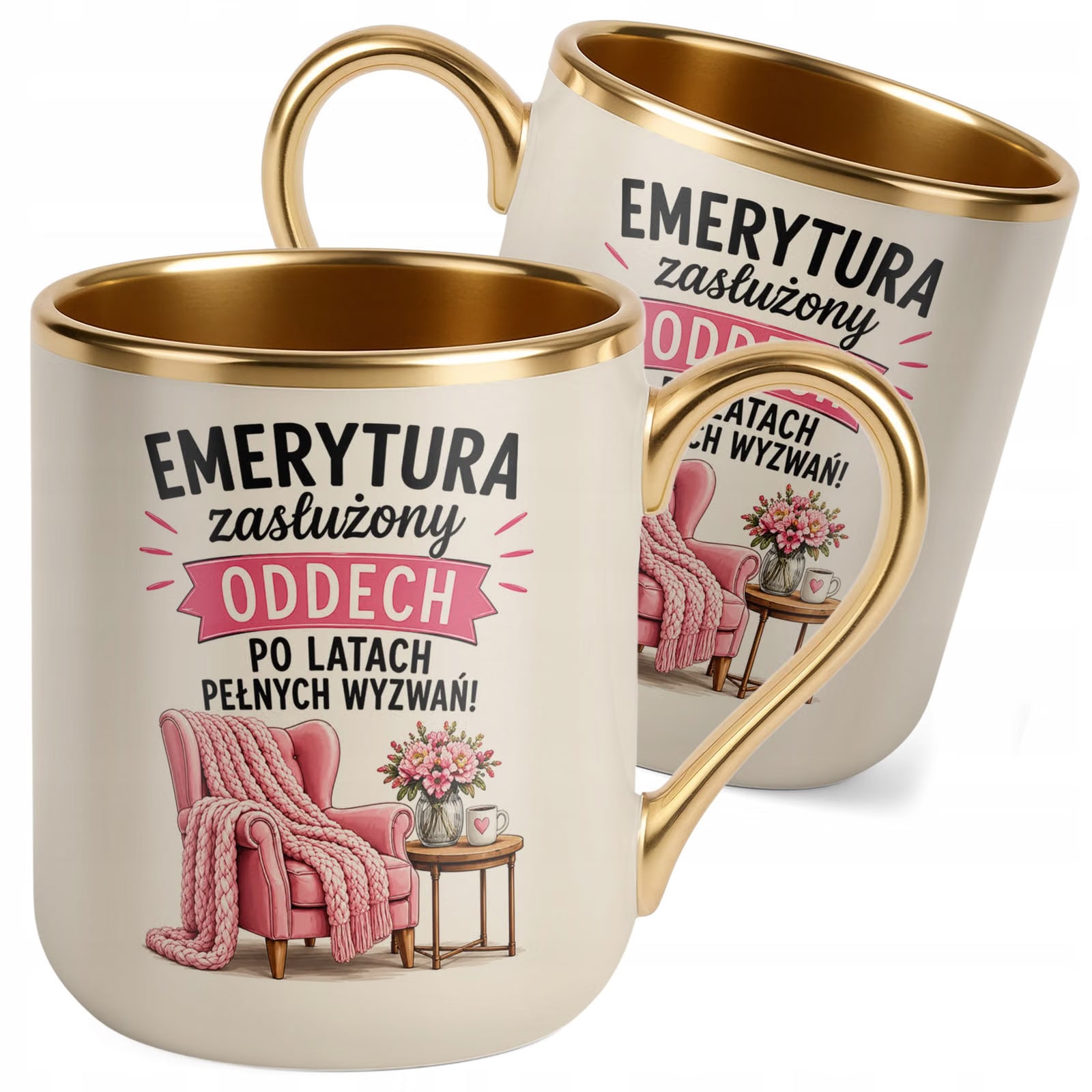 Kubek z nadrukiem Premium Złoty Ecru Emerytura Dla Emerytki Prezent