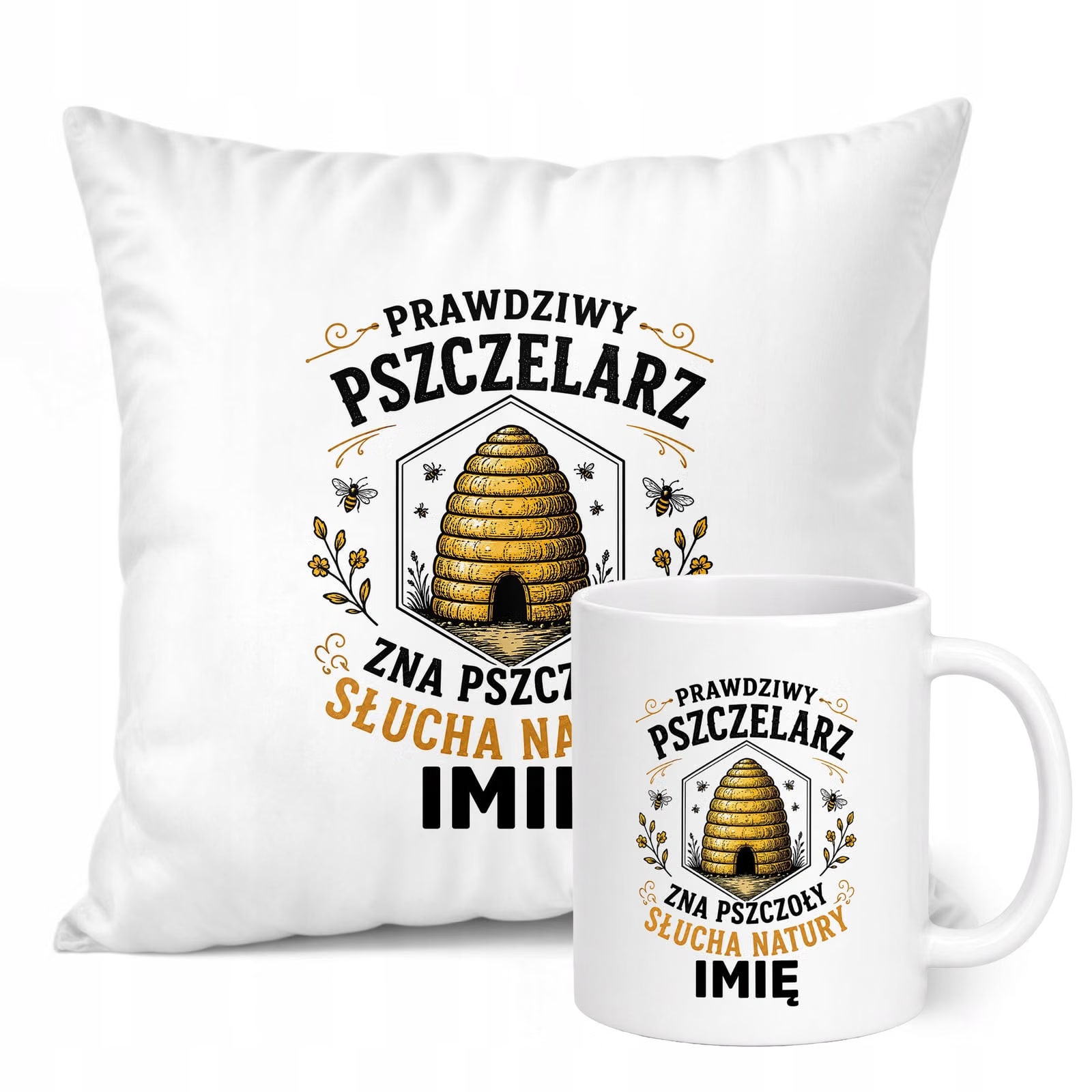 Zestaw Personalizowany Kubek Biały Poduszka Z Nadrukiem Dla Pszczelarza