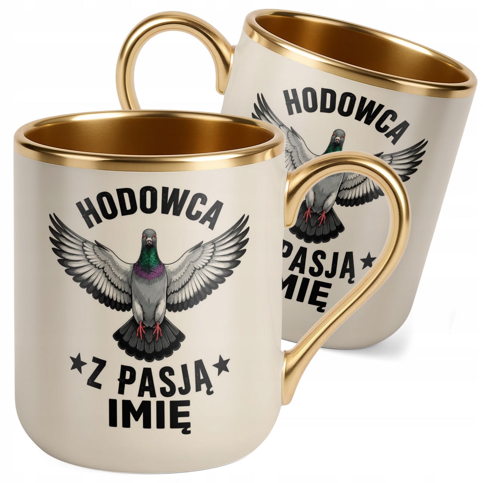 Kubek Personalizowany z nadrukiem Premium Złoty Ecru Dla Gołębiarza Prezent