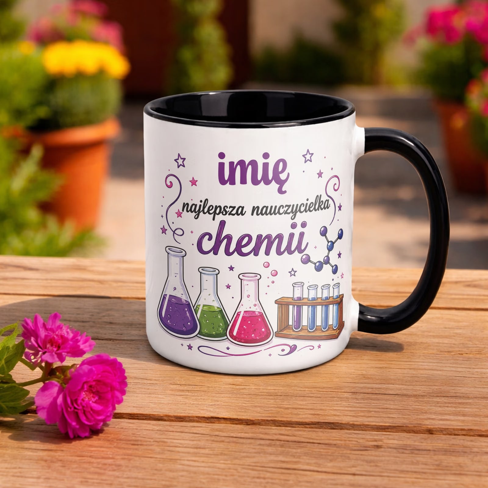 Kubek Czarny z Imieniem Dzień Nauczyciela Chemia Prezent