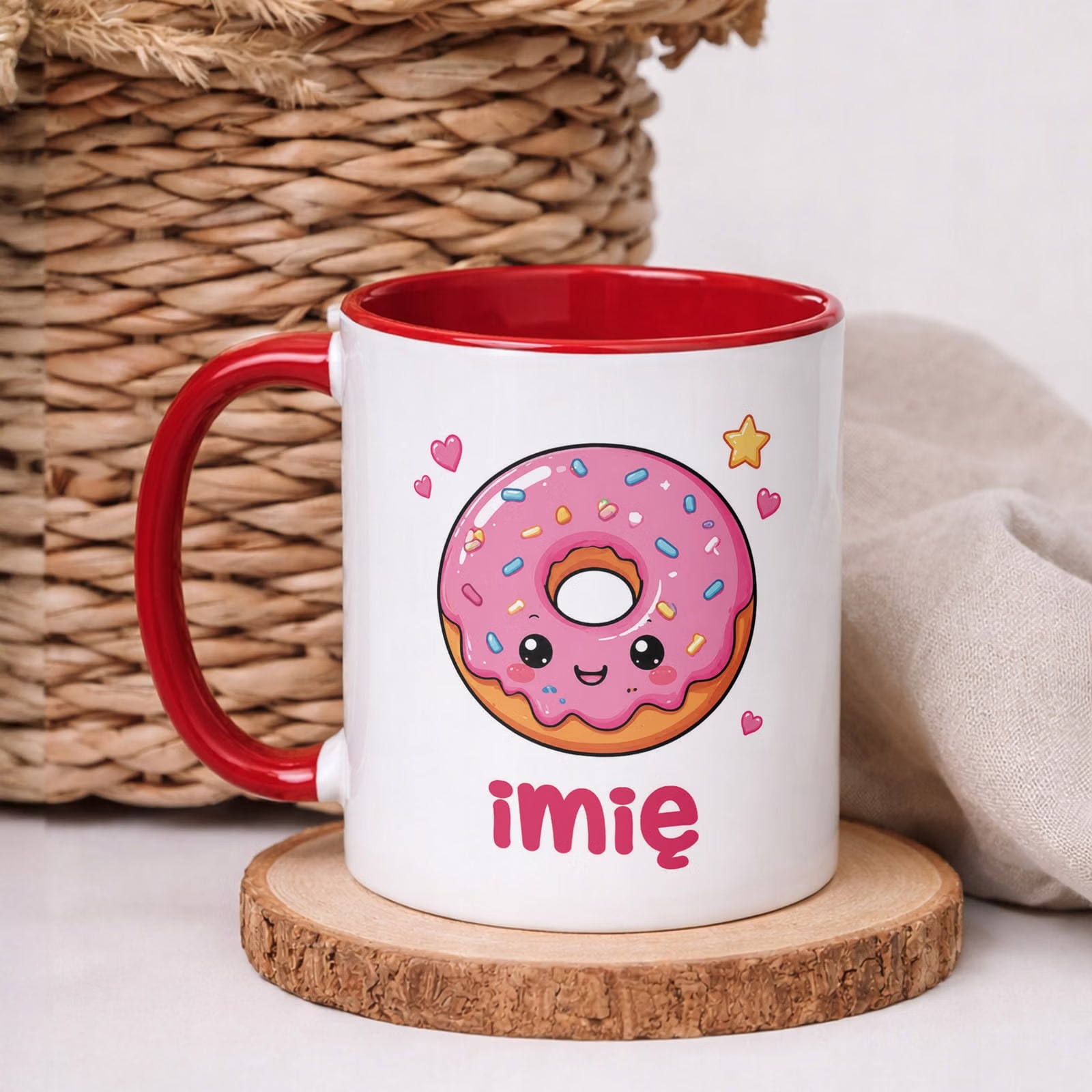 Kubek Czerwony z nadrukiem personalizowany Kawaii Pączek Dla Dzieci Prezent