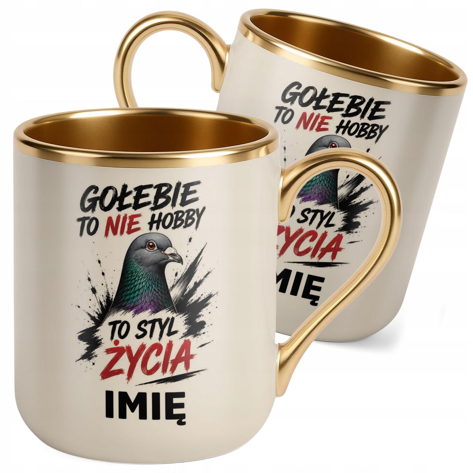 Kubek Personalizowany z nadrukiem Premium Złoty Ecru Dla Gołębiarza Prezent
