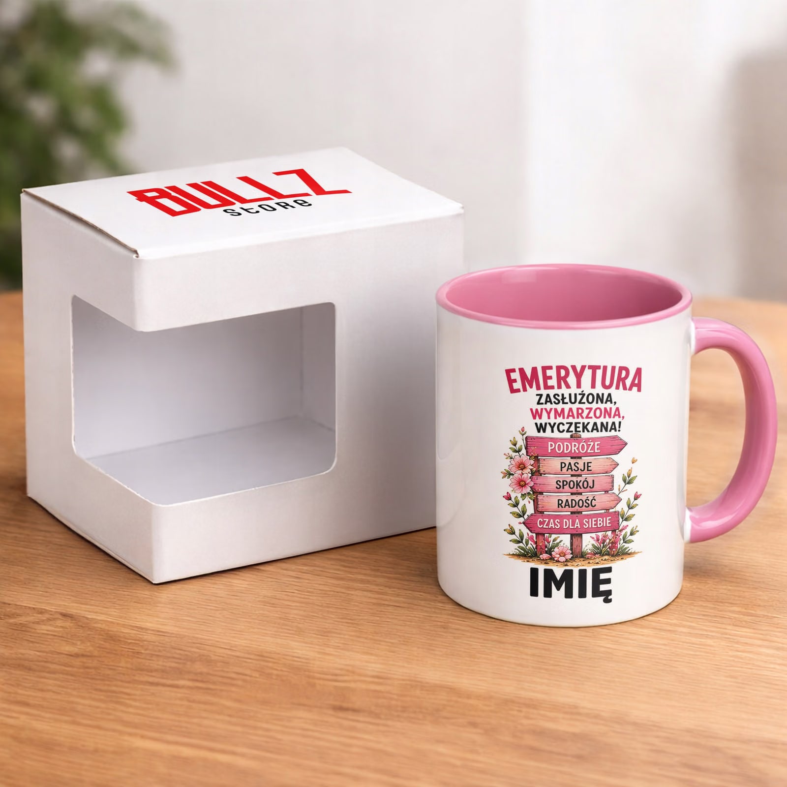 Kubek Różowy Personalizowany z Nadrukiem Emerytura Dla Emerytki Prezent