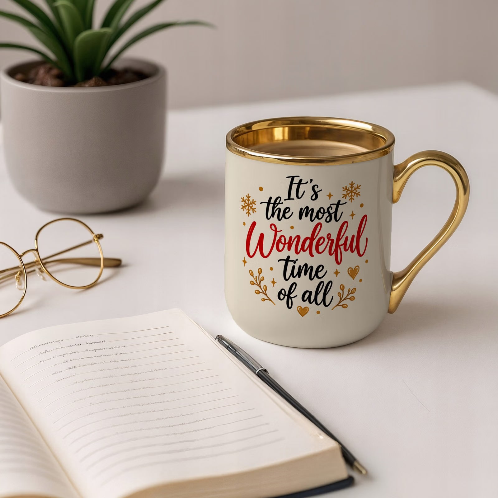 Kubek Premium Złoty Ecru Boże Narodzenie The Most Wonderful Time Prezent