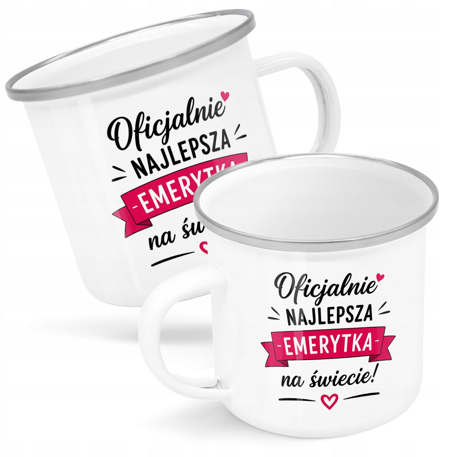 Kubek Emaliowany Emerytura Dla Emerytki z Nadrukiem Biały Metalowy Prezent
