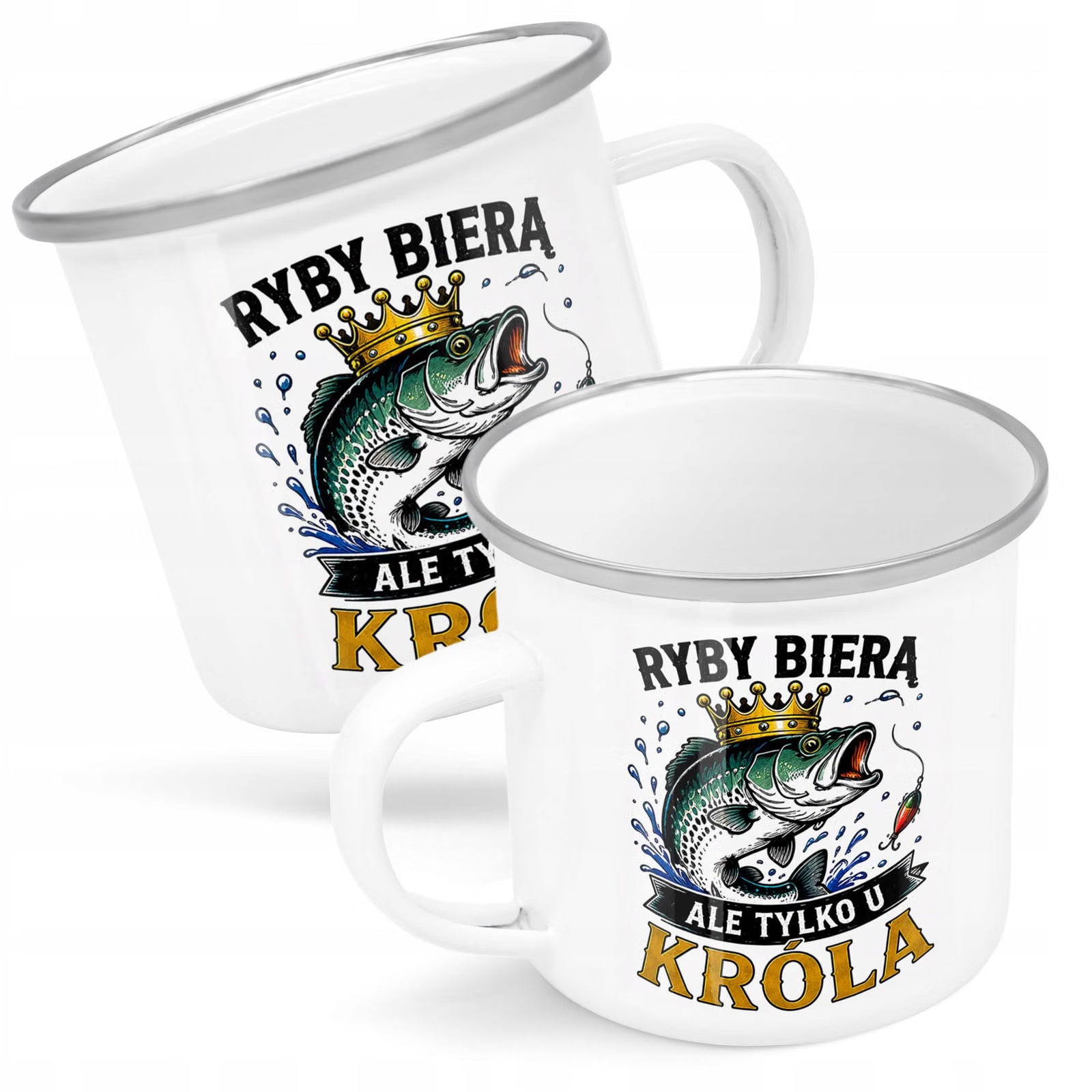 Kubek Emaliowany Dla Wędkarza z Nadrukiem Biały Metalowy Prezent