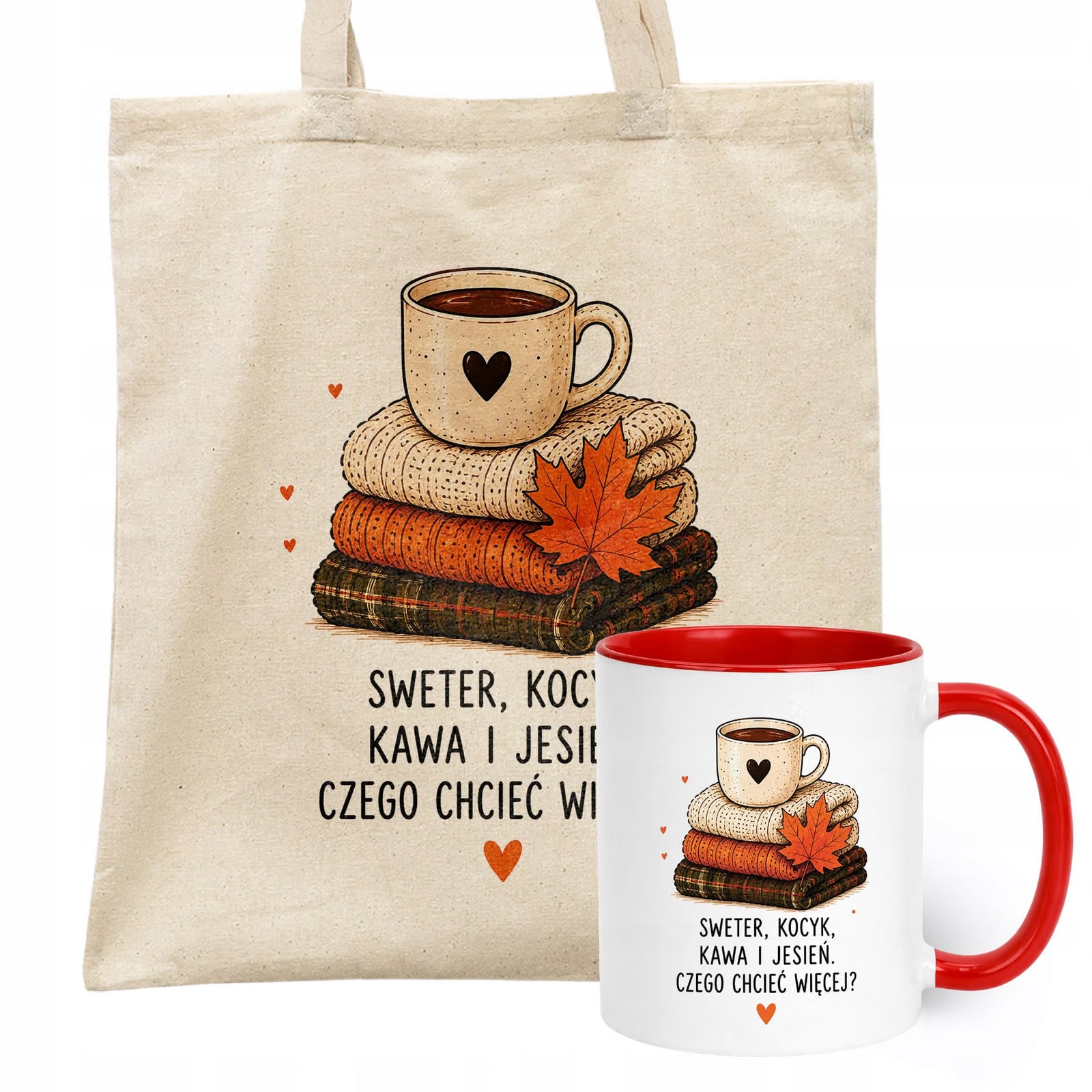 Zestaw Kubek Czerwony Torba Shopper Ecru Z Nadrukiem Jesień Jesienny