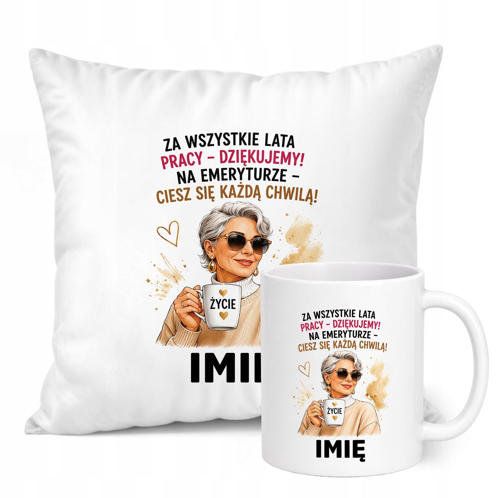 Zestaw Personalizowany Kubek Biały Poduszka Emerytura Dla Emerytki Prezent