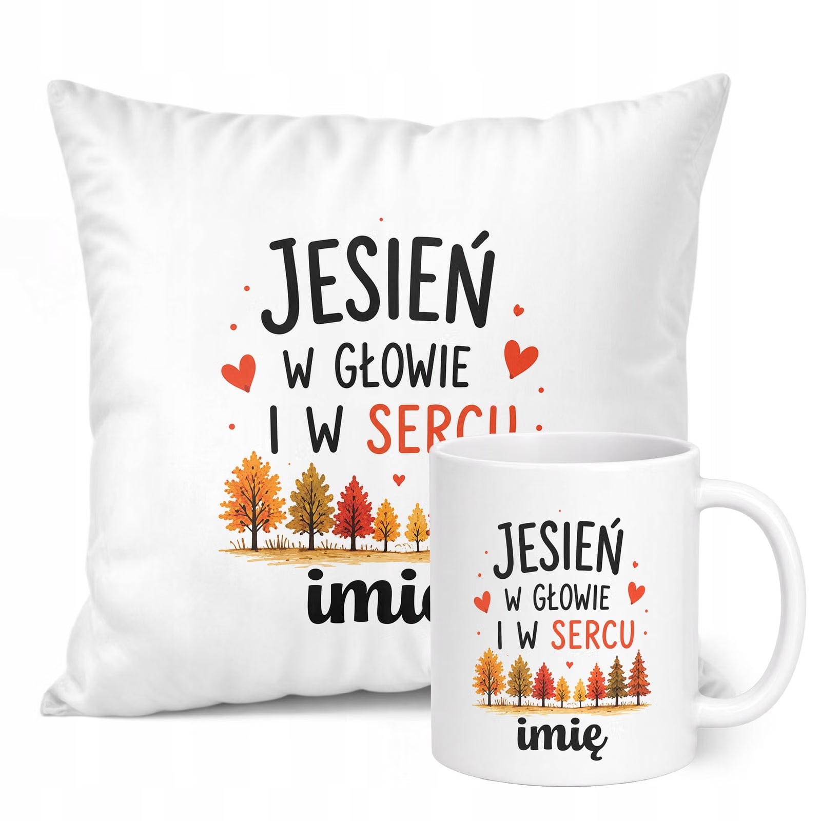 Zestaw Personalizowany Kubek Biały Poduszka Jesień Jesienny Z Nadrukiem