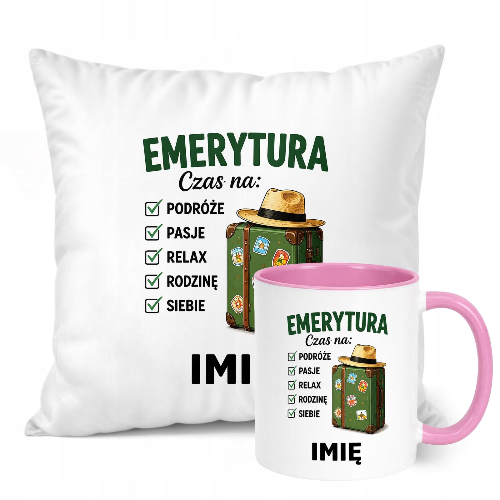 Zestaw Personalizowany Kubek Różowy Poduszka Emerytura Upominek Prezent