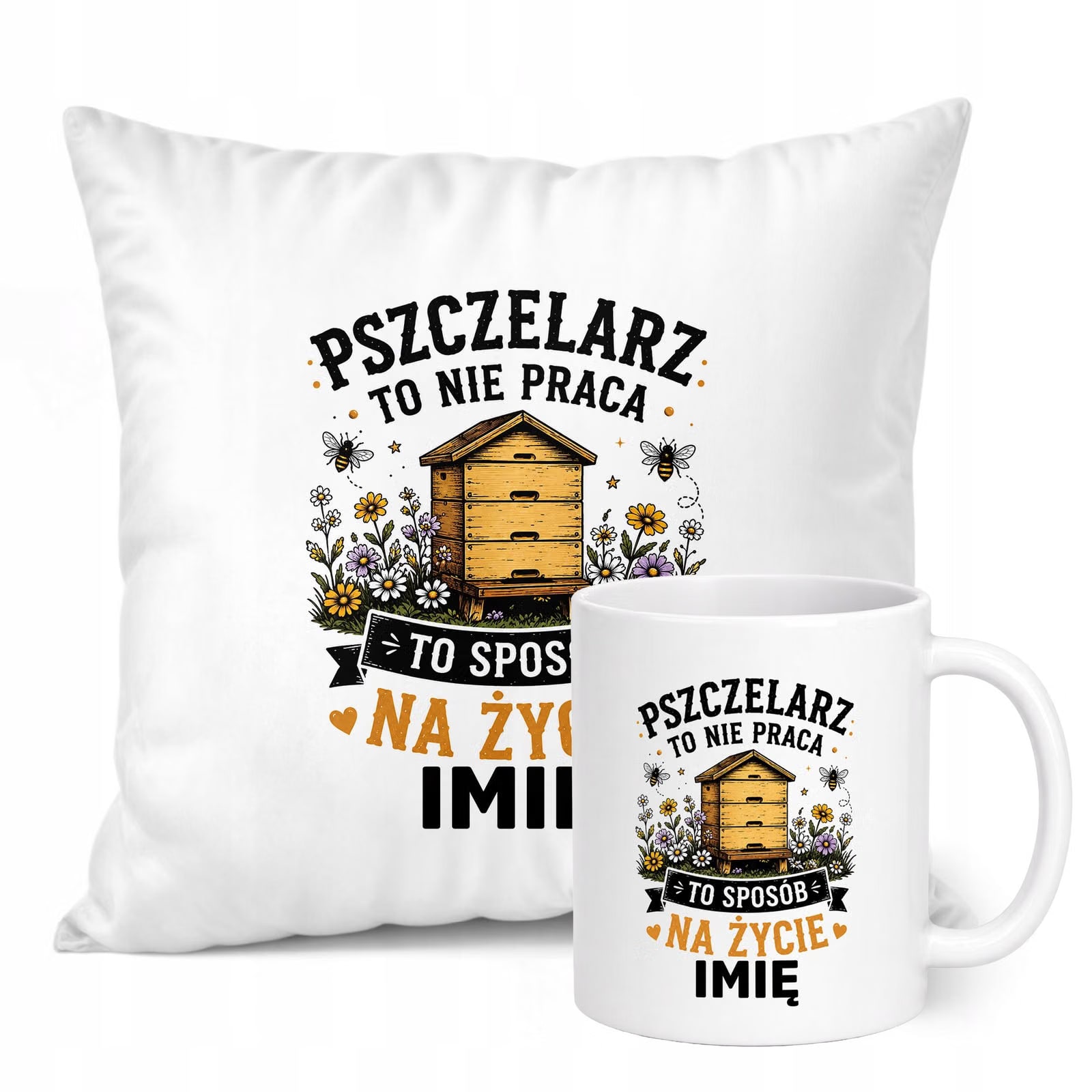 Zestaw Personalizowany Kubek Biały Poduszka Z Nadrukiem Dla Pszczelarza