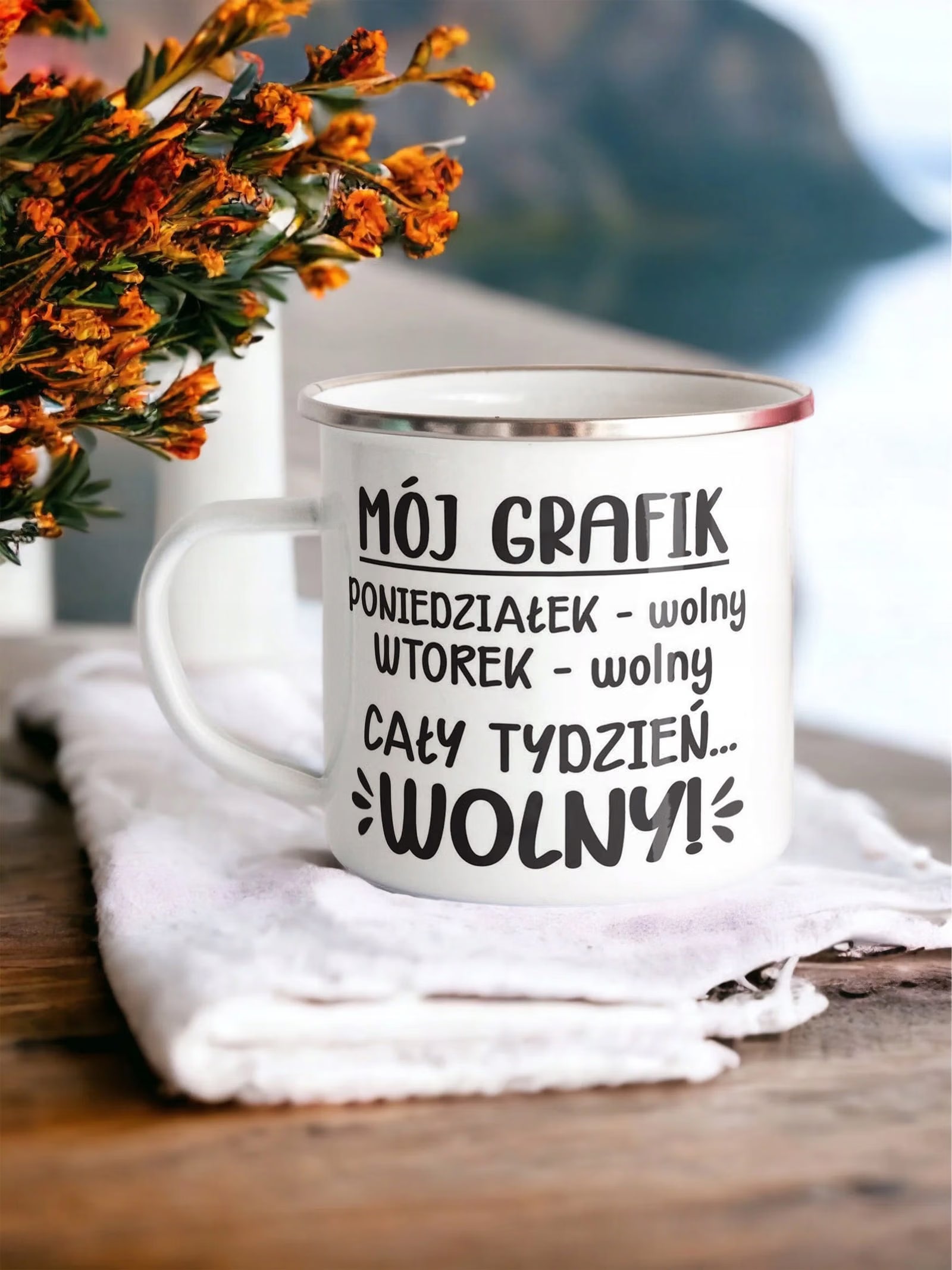 Kubek Emaliowany z okazji Emerytury Dla Emeryta z Nadrukiem Biały Metalowy