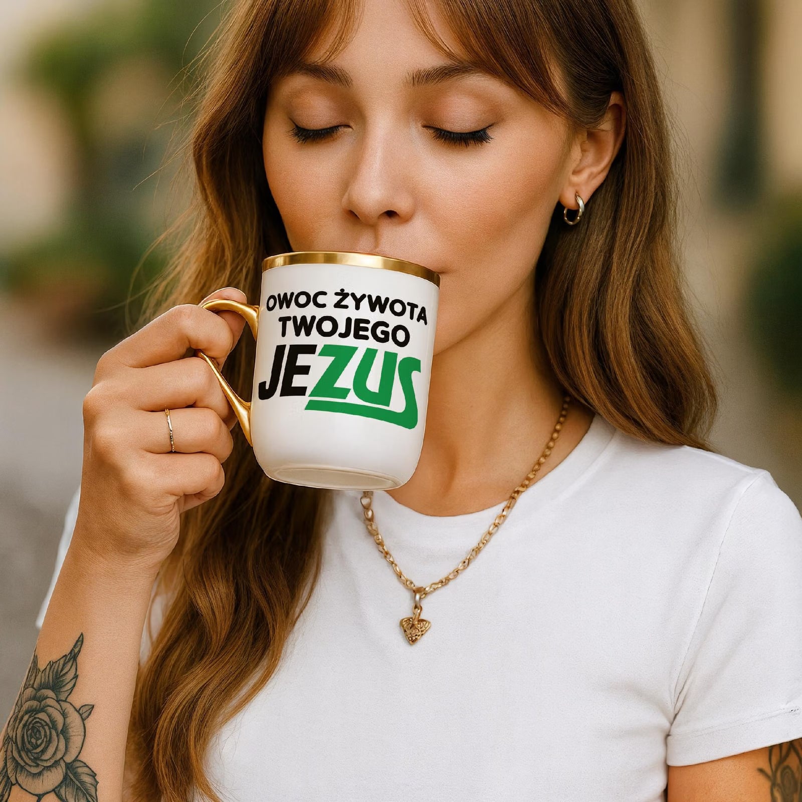 Kubek Premium Złoty Owoc Żywota Twojego Jezus Śmieszny Zabawny Prezent