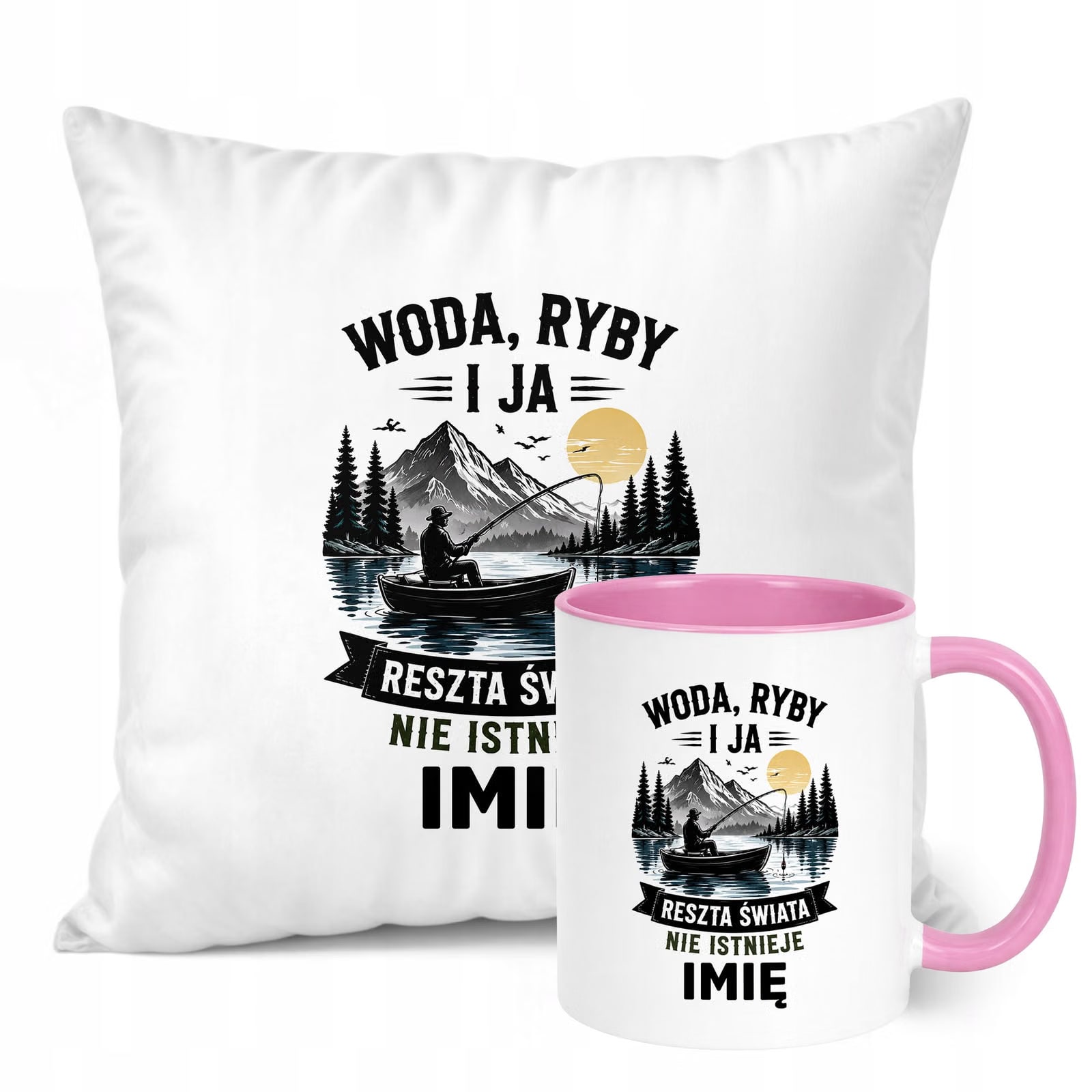 Zestaw Personalizowany Kubek Różowy Poduszka Z Nadrukiem Dla Wędkarza
